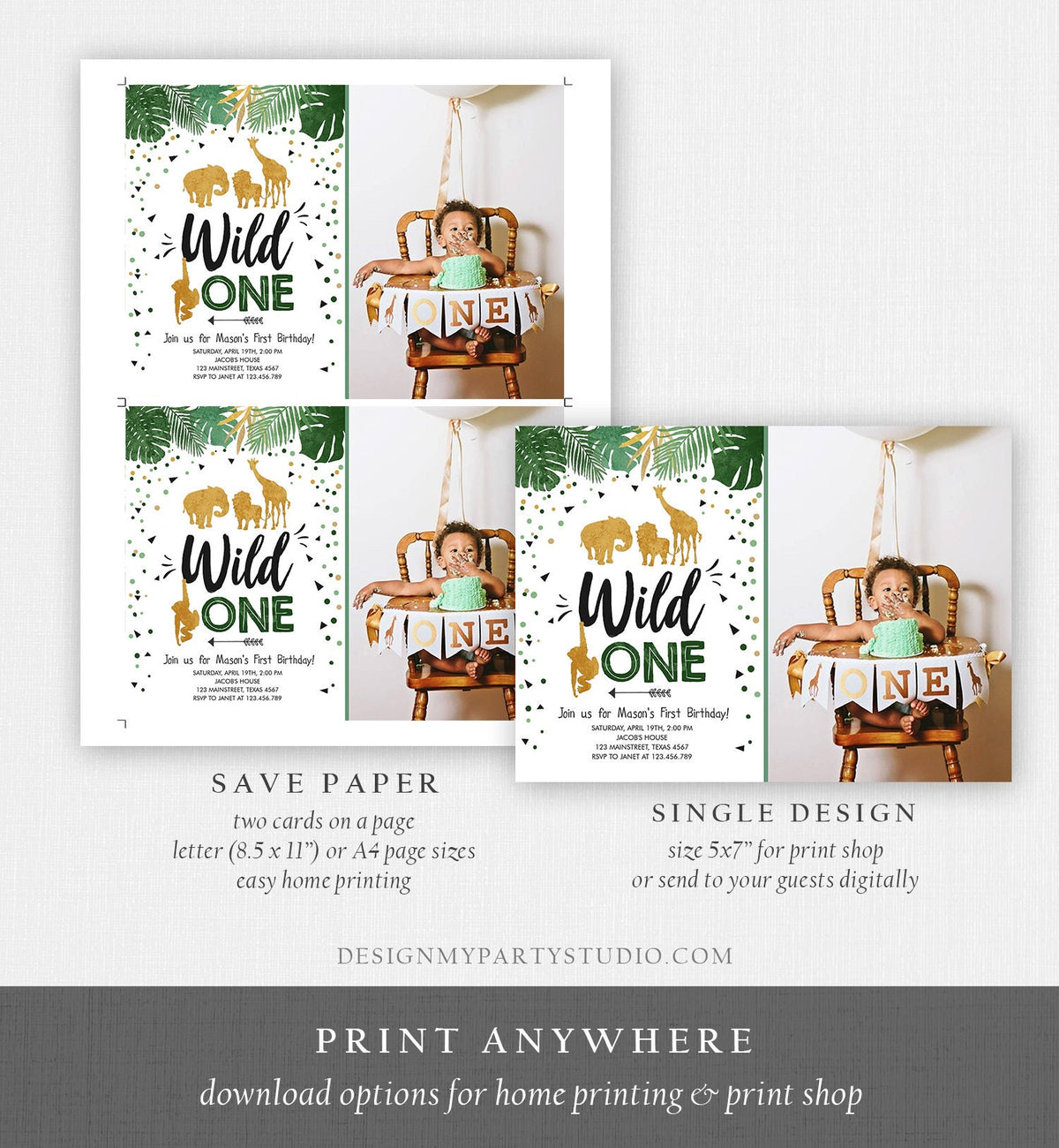 Editable Wild One Birthday Invitation Safari Animals Jungle Zoo Animals Black Gold First Birthday 1st Download Printable Corjl Template 0016