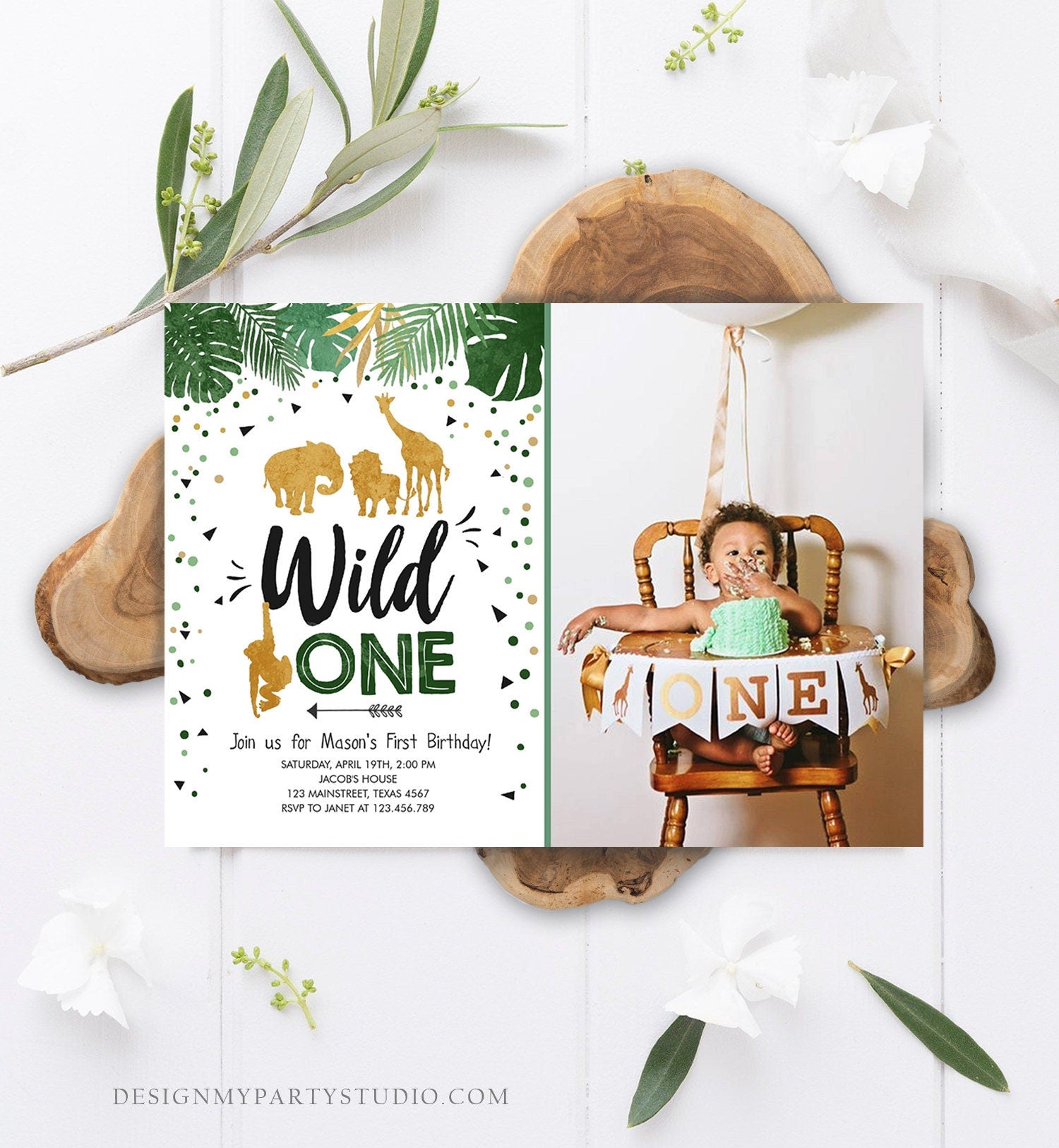 Editable Wild One Birthday Invitation Safari Animals Jungle Zoo Animals Black Gold First Birthday 1st Download Printable Corjl Template 0016