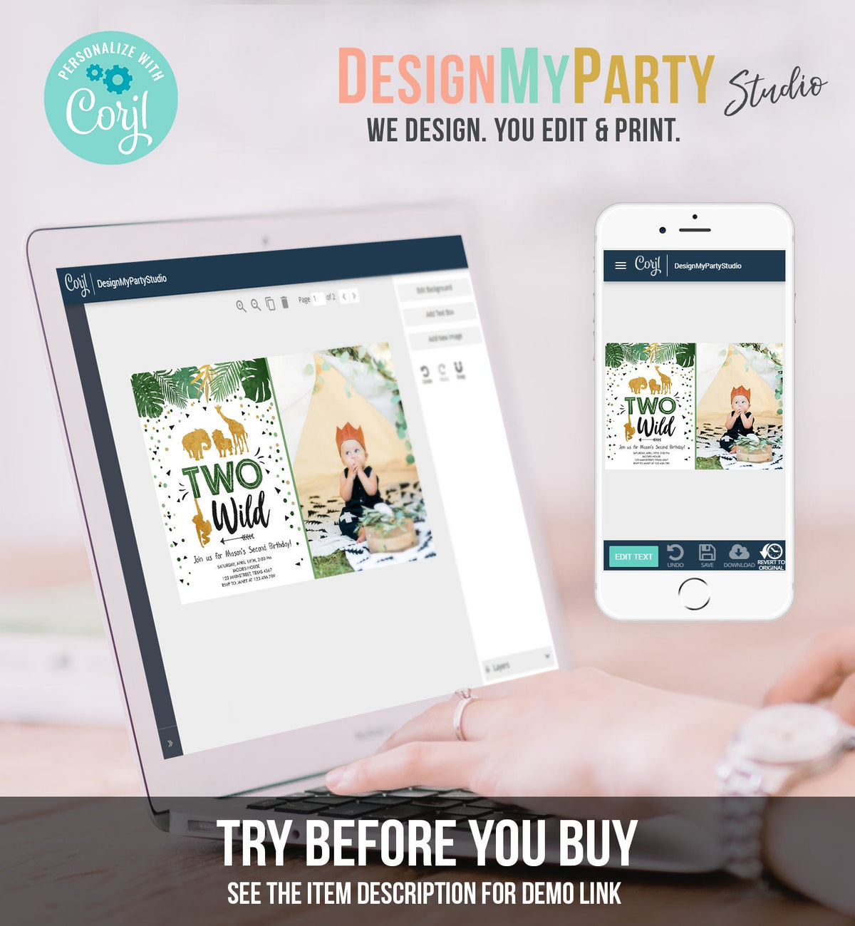 Editable Two Wild Birthday Invitation Safari Animals Wild Animals Black Gold Second Birthday 2nd Jungle Printable Corjl Template 0016