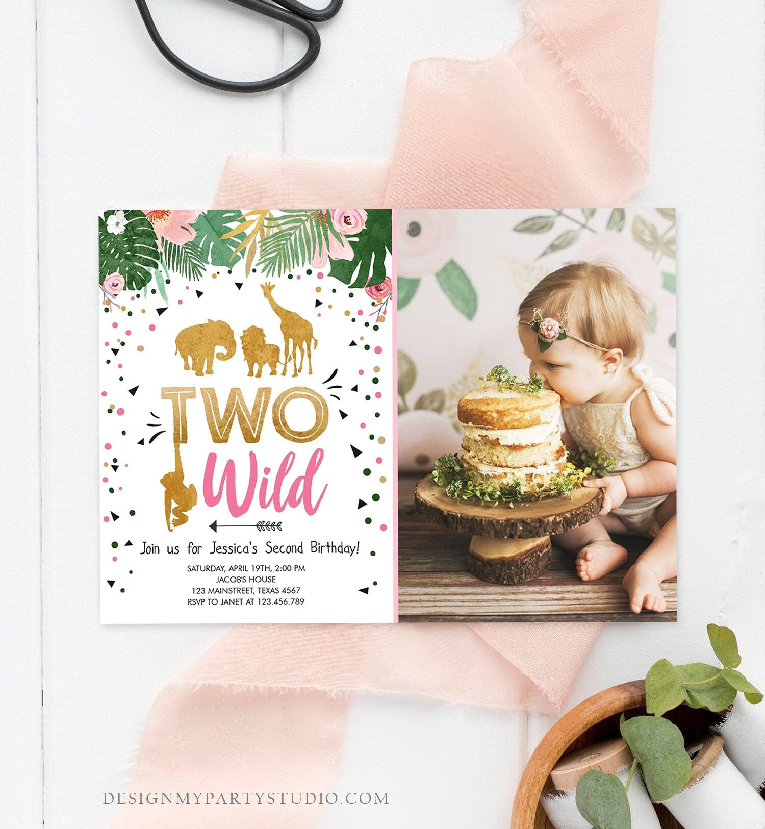 Editable Two Wild Birthday Invitation Girl Safari Animals Jungle Party Animals Pink Gold 2nd Second Birthday Printable Corjl Template 0016