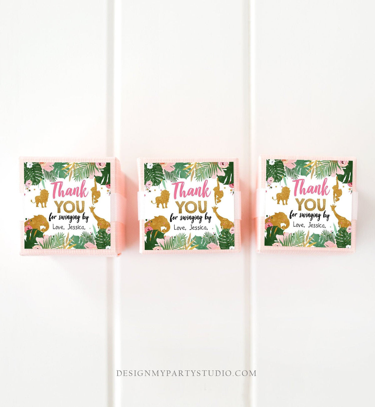 Editable Safari Animals Favor Tag Thank You Wild One Party Animals Pink Gold Girl Pink Swinging By Sticker Digital Template Printable 0016