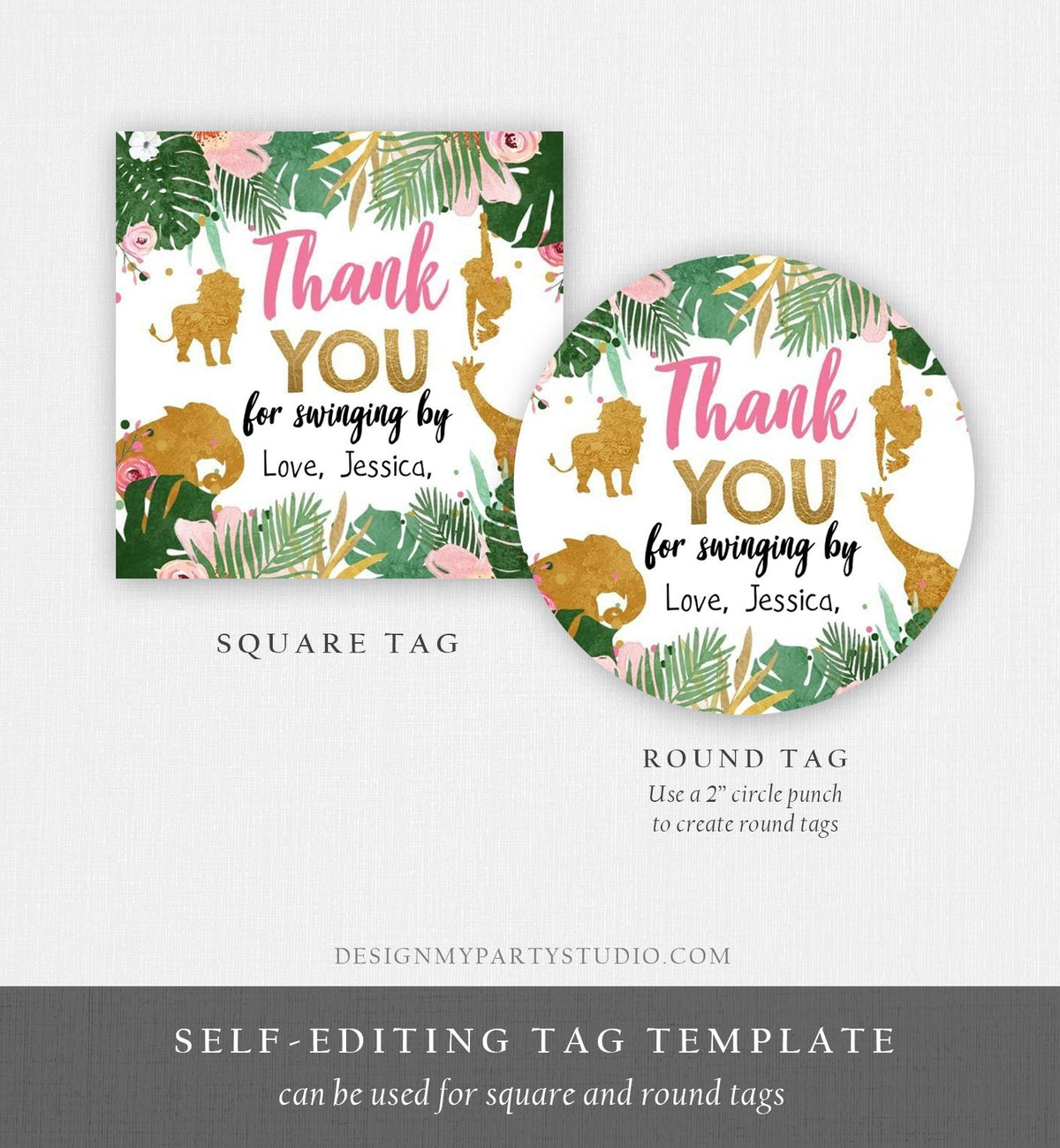 Editable Safari Animals Favor Tag Thank You Wild One Party Animals Pink Gold Girl Pink Swinging By Sticker Digital Template Printable 0016