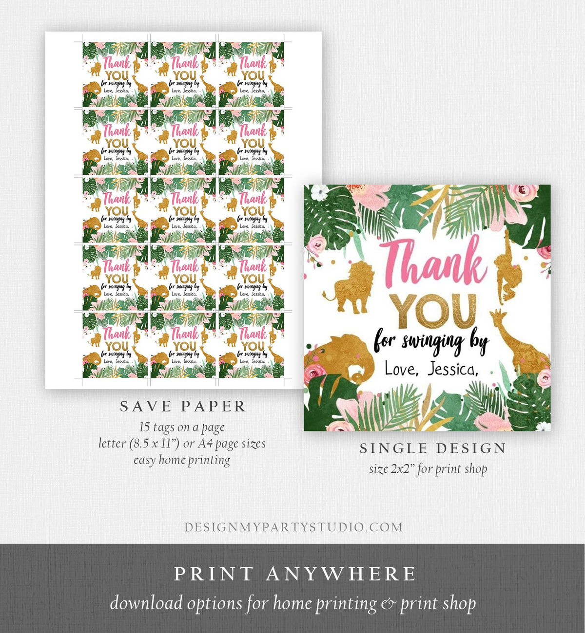 Editable Safari Animals Favor Tag Thank You Wild One Party Animals Pink Gold Girl Pink Swinging By Sticker Digital Template Printable 0016