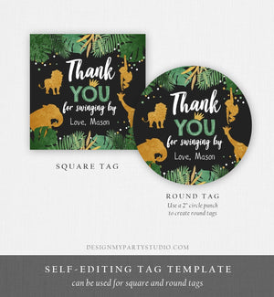 Editable Safari Animals Thank You Tags Wild One Jungle Zoo Black Gold Gift Favor Swinging By Safari Round Square Sticker Corjl Template 0016