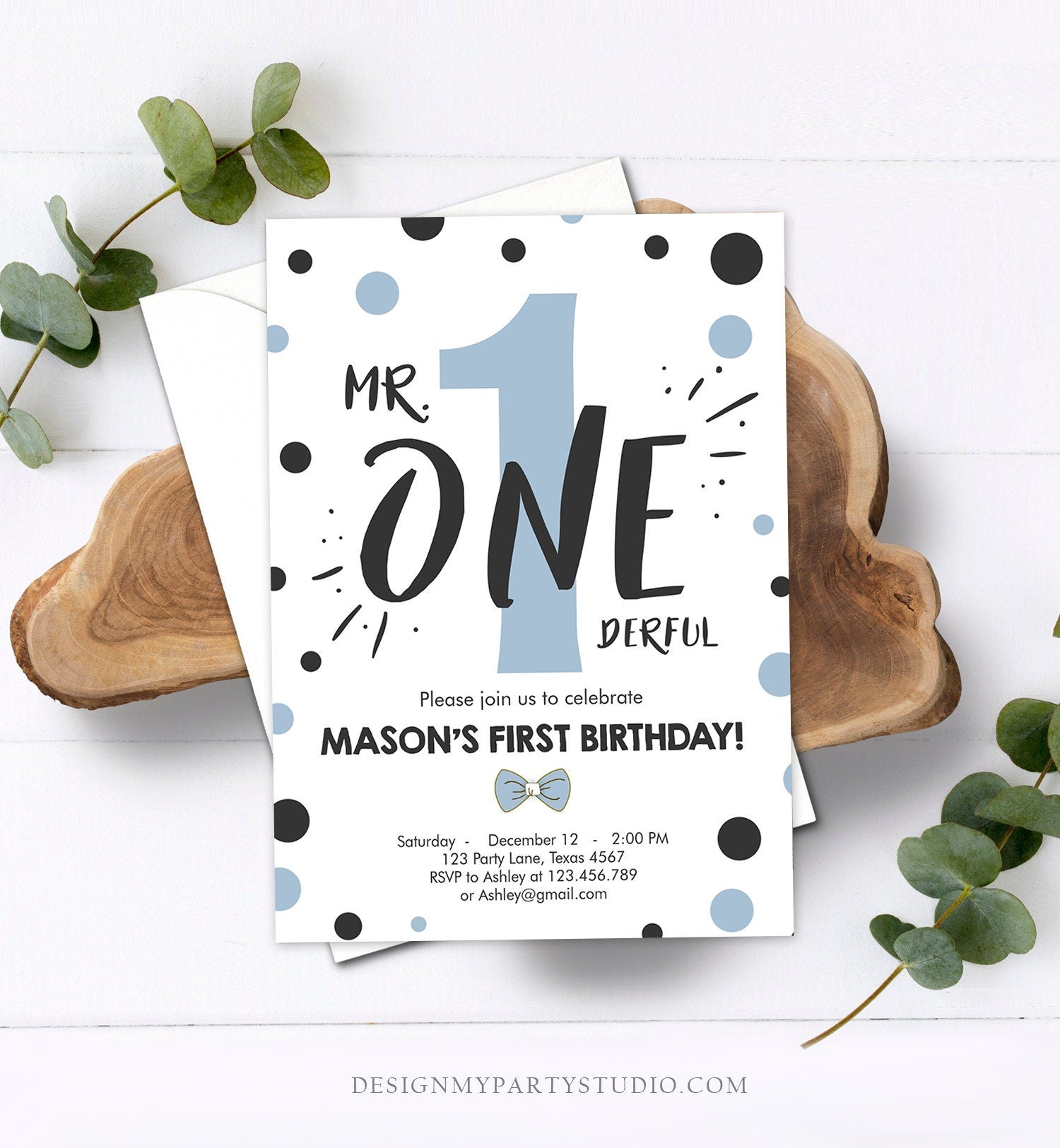 Editable Mr Onederful Birthday Invitation Black Blue Boy Birthday Bowtie Confetti 1st Birthday Download Printable Template Corjl 0072
