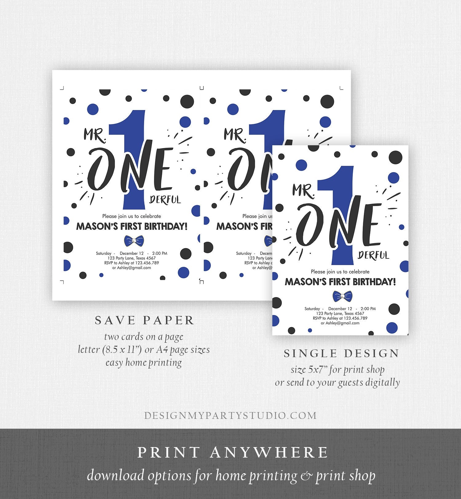 Editable Mr Onederful Birthday Invitation Black Royal Blue Boy Bow Tie Confetti 1st Navy Blue Download Printable Template Digital Corjl 0072