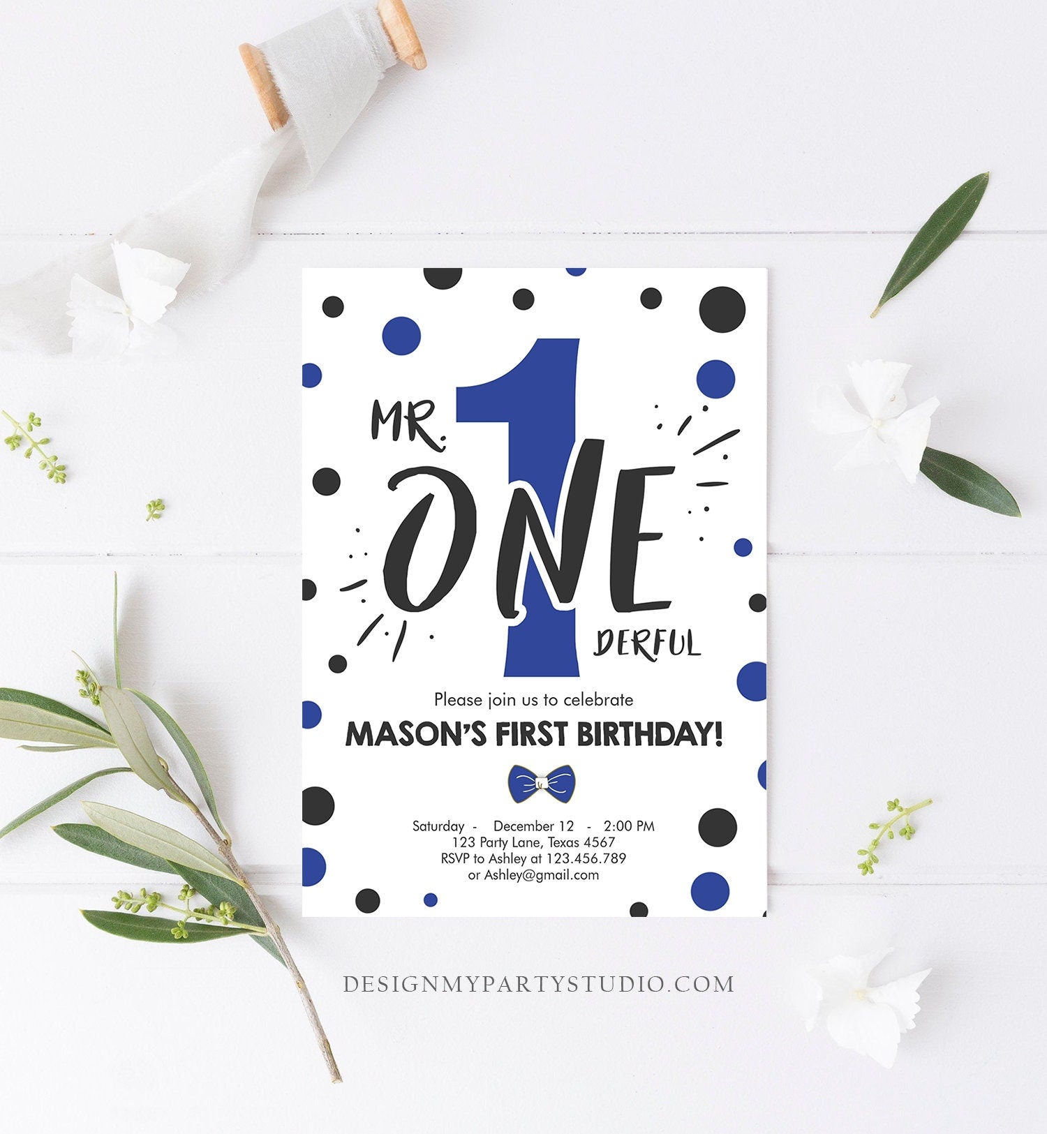 Editable Mr Onederful Birthday Invitation Black Royal Blue Boy Bow Tie Confetti 1st Navy Blue Download Printable Template Digital Corjl 0072