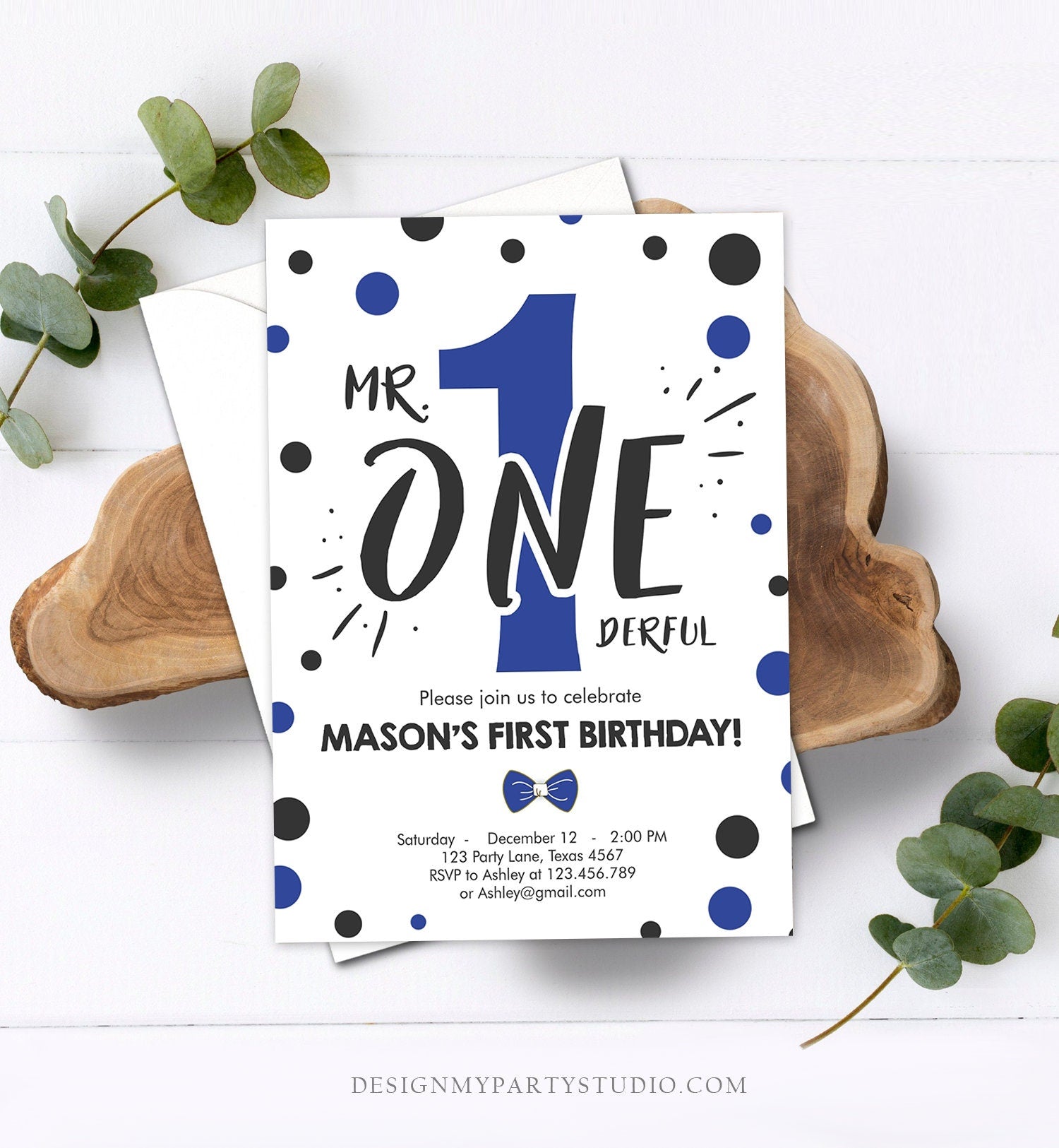 Editable Mr Onederful Birthday Invitation Black Royal Blue Boy Bow Tie Confetti 1st Navy Blue Download Printable Template Digital Corjl 0072