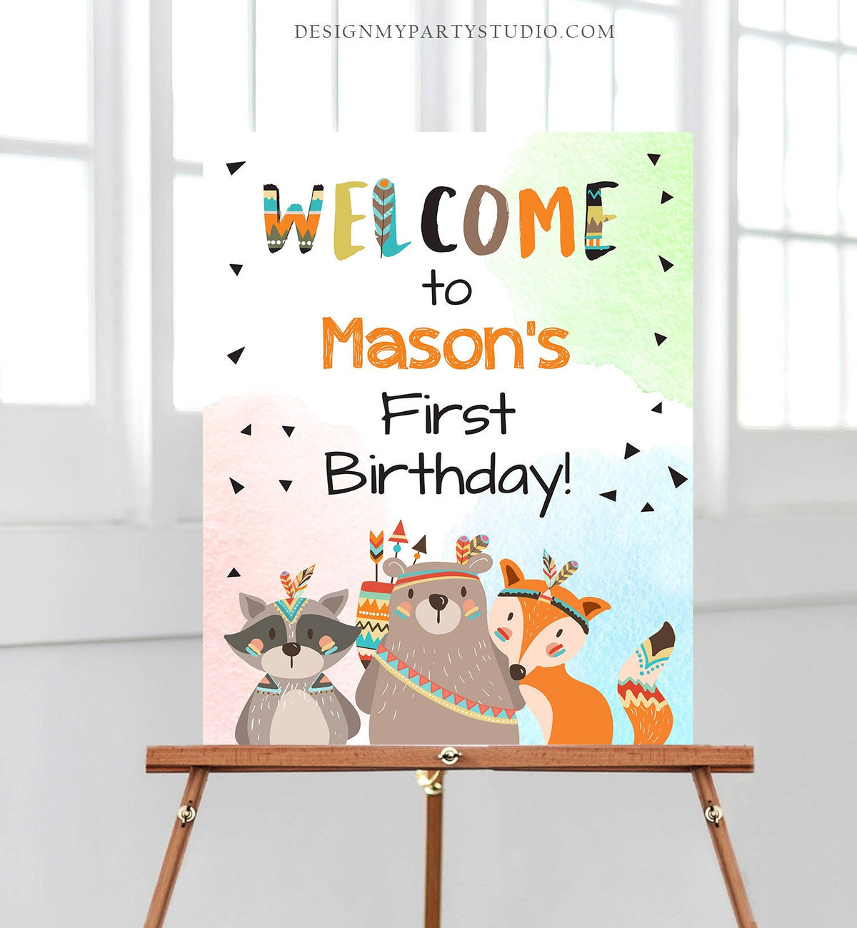 Editable Tribal Woodland Welcome Sign Wild One Birthday Party Welcome Boy First Birthday Tribal Animals Template PRINTABLE Corjl 0061