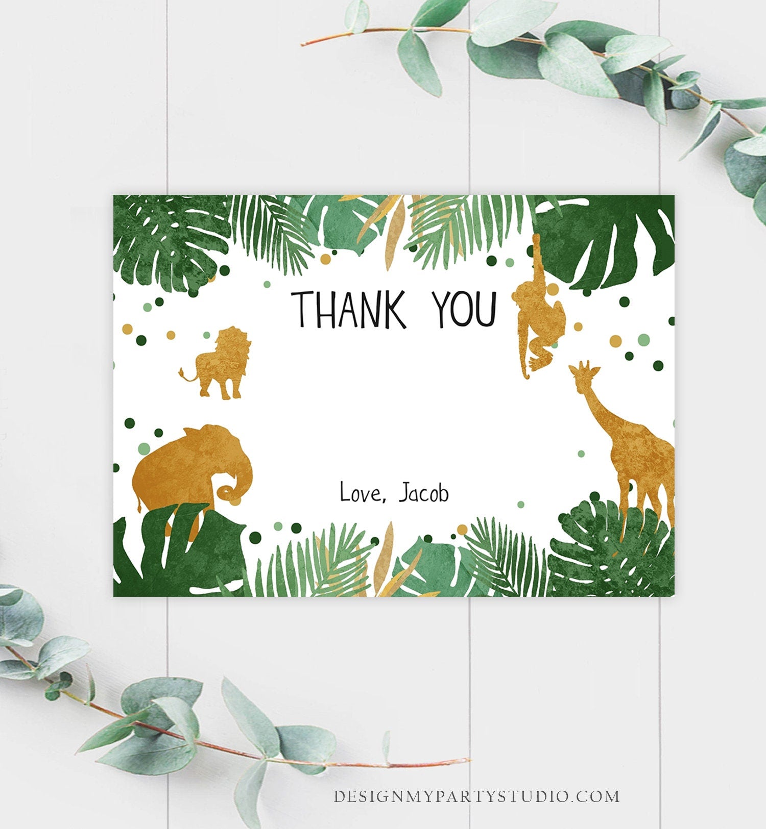 Editable Safari Animals Thank You Card Wild One Thank You Note Black Gold Boy Jungle Wildi Animals Printable Corjl Template Digital 0016