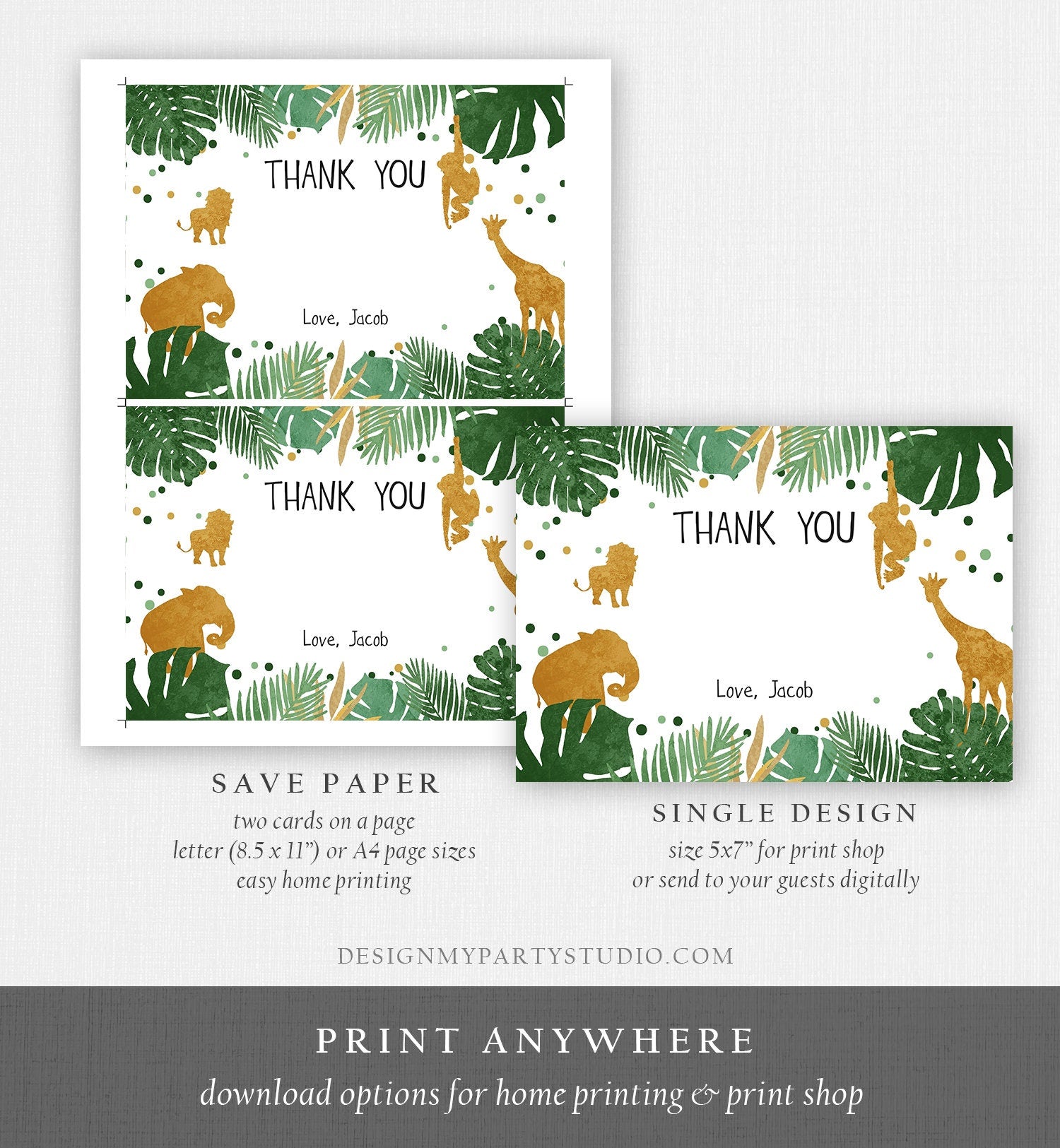 Editable Safari Animals Thank You Card Boy Birthday Baby Shower Party Animals Thank You Note Gold Wild Digital Template Printable 0016