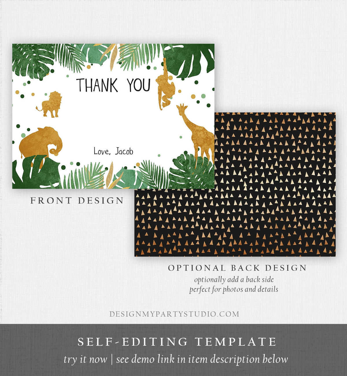 Editable Safari Animals Thank You Card Boy Birthday Baby Shower Party Animals Thank You Note Gold Wild Digital Template Printable 0016