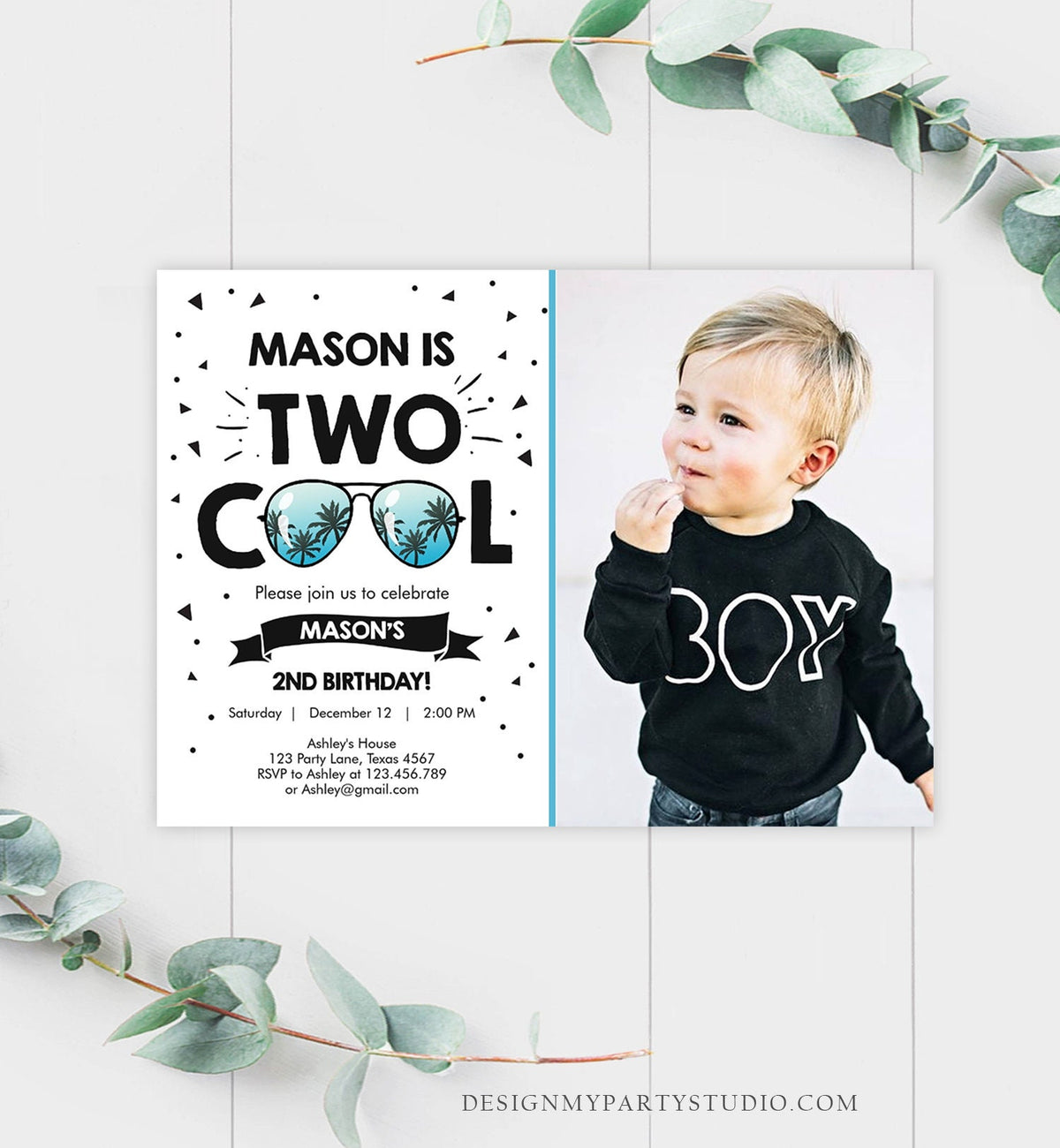 Editable Two Cool Birthday Invitation Boy Second Birthday Party 2nd I&#39;m this Many I&#39;m Two Cool Sunglasses Palm Printable Corjl Template 0136