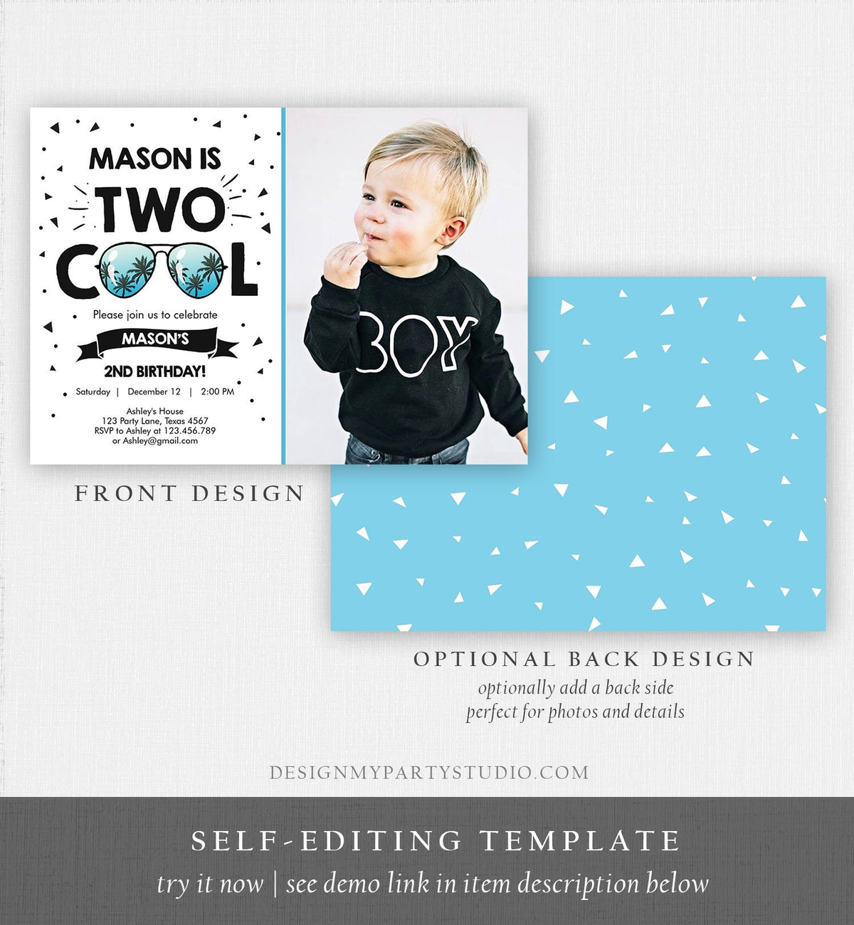 Editable Two Cool Birthday Invitation Boy Second Birthday Party 2nd I&#39;m this Many I&#39;m Two Cool Sunglasses Palm Printable Corjl Template 0136