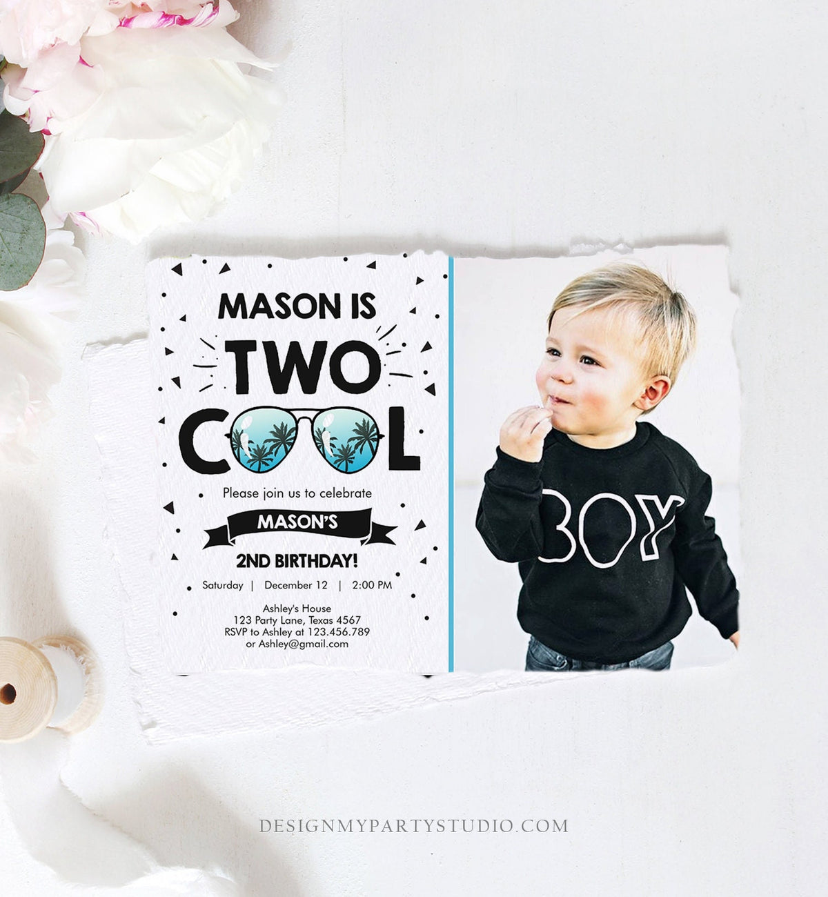 Editable Two Cool Birthday Invitation Boy Second Birthday Party 2nd I&#39;m this Many I&#39;m Two Cool Sunglasses Palm Printable Corjl Template 0136