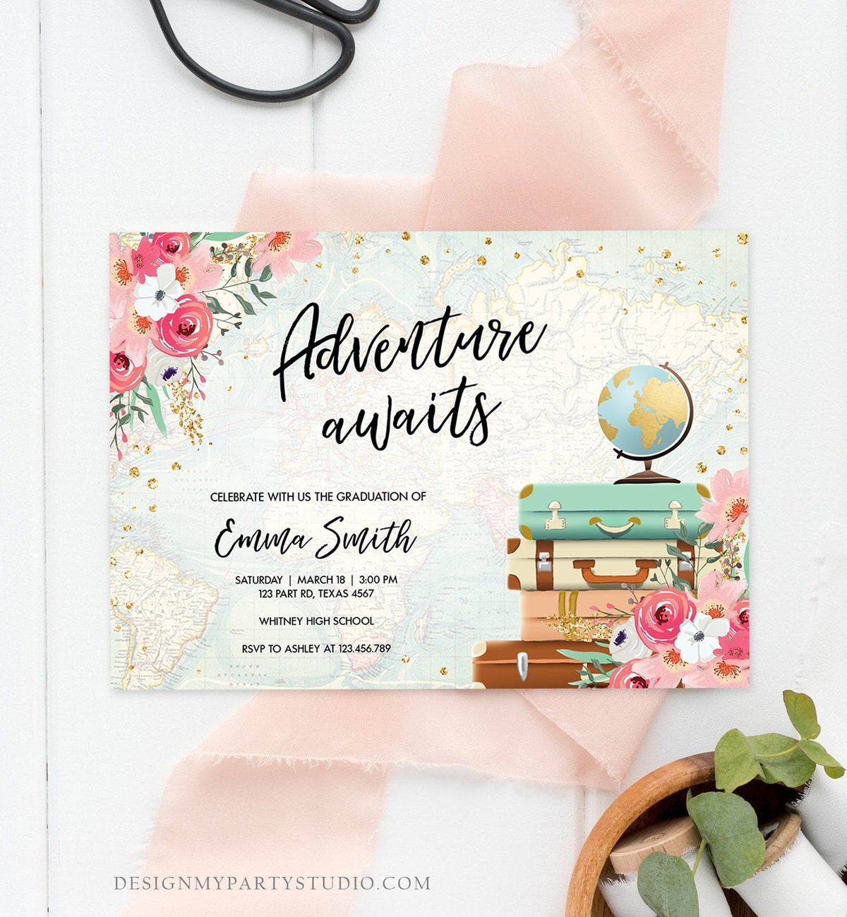 Editable Adventure Awaits Graduation Party Invitation Vintage Travel Around the World Pink Floral Girl Digital Evite Template Printable 0030