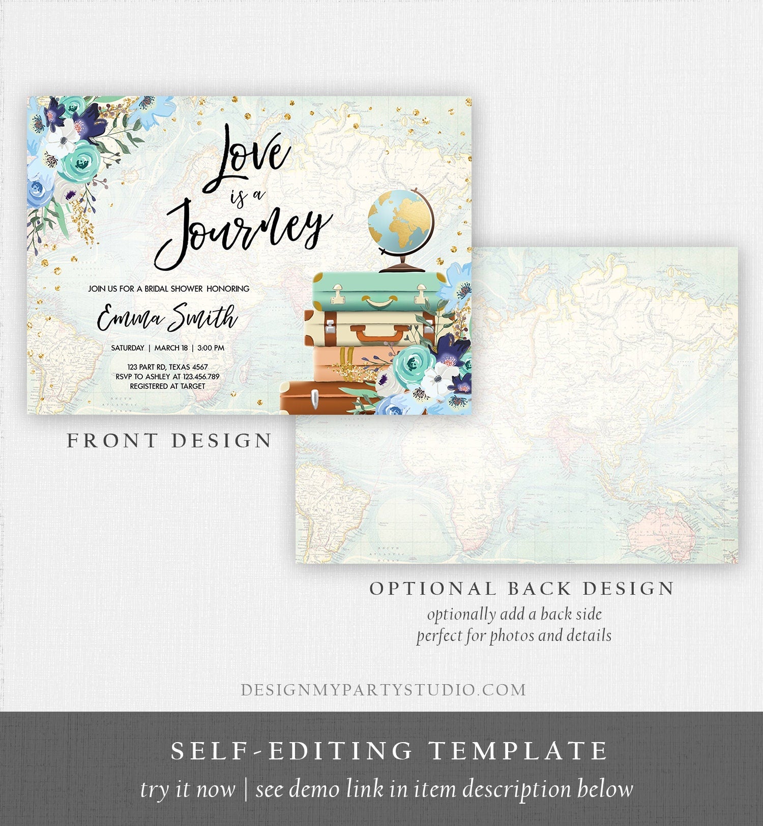 Editable Love is a Journey Bridal Shower Invitation Travel Adventure Confetti Blue Floral Suitcases Digital Download Template Printable 0030