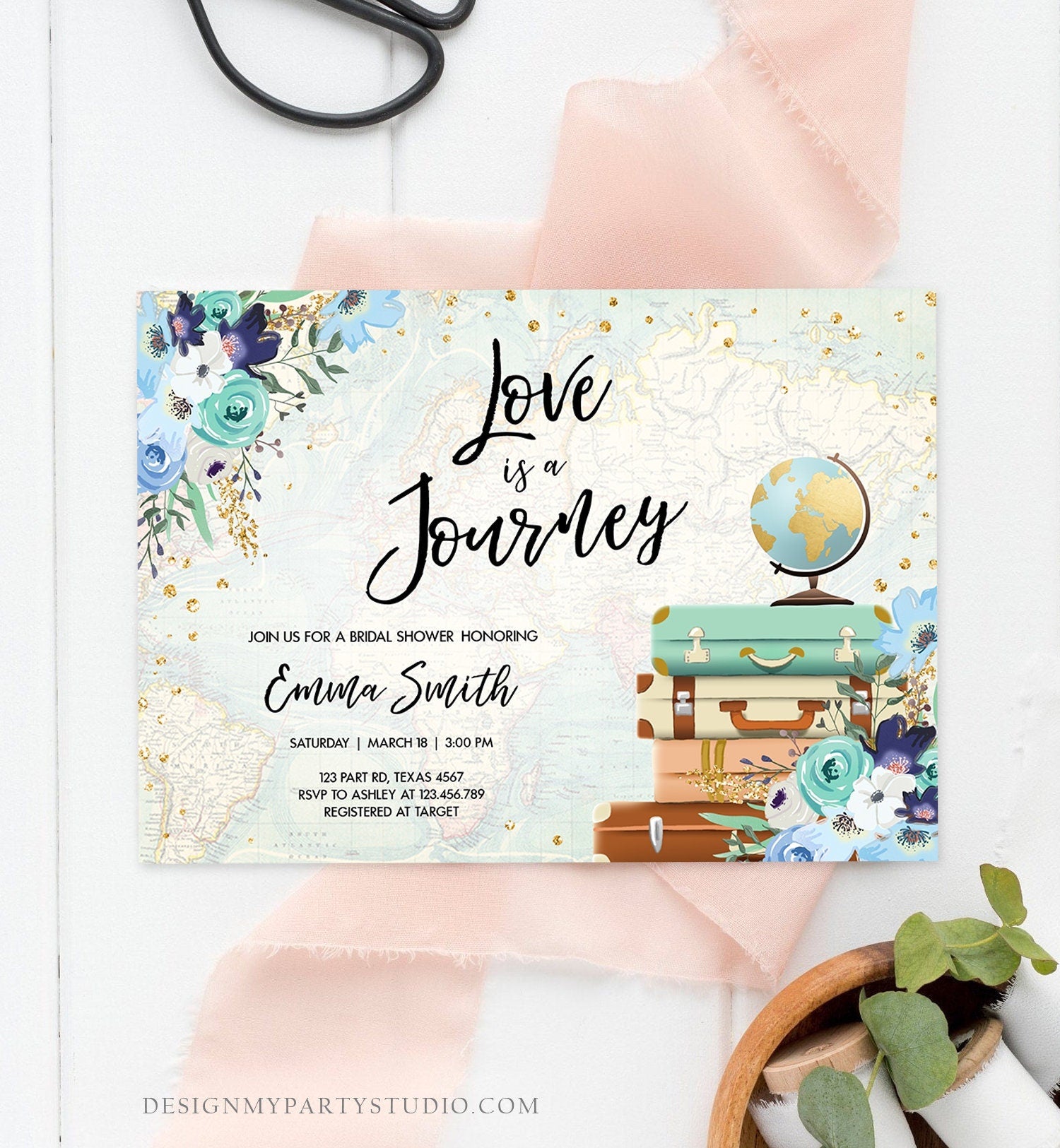 Editable Love is a Journey Bridal Shower Invitation Travel Adventure Confetti Blue Floral Suitcases Download Corjl Template Printable 0030