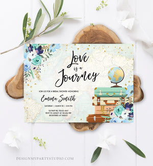 Editable Love is a Journey Bridal Shower Invitation Travel Adventure Confetti Blue Floral Suitcases Download Corjl Template Printable 0030