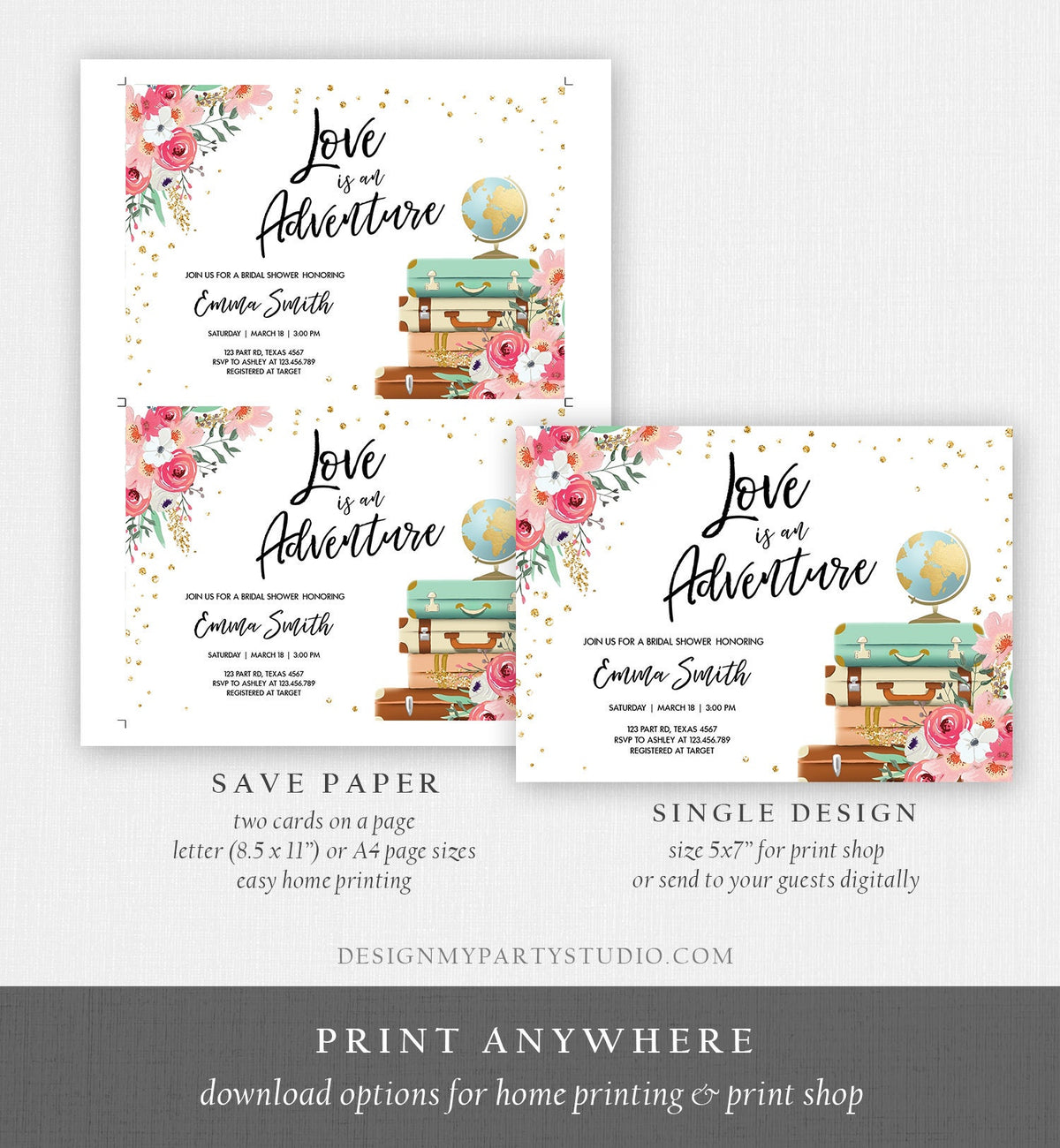 Editable Love is an Adventure Bridal Shower Invitation Travel Gold Confetti Pink Floral Suitcases Digital Download Template Printable 0030