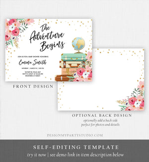 Editable The Adventure Begins Baby Shower Invitation Pink Floral Gold Confetti Suitcases Travel Around World Printable Corjl Template 0030