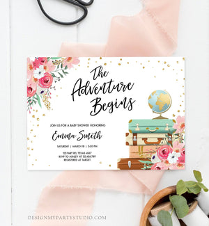 Editable The Adventure Begins Baby Shower Invitation Pink Floral Gold Confetti Suitcases Travel Around World Printable Corjl Template 0030