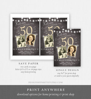 Editable 50th Birthday Invitation ANY AGE Chalkboard Rustic Adult Fifty Photo Vintage Golden Jubilee Anniversary Corjl Template 0230