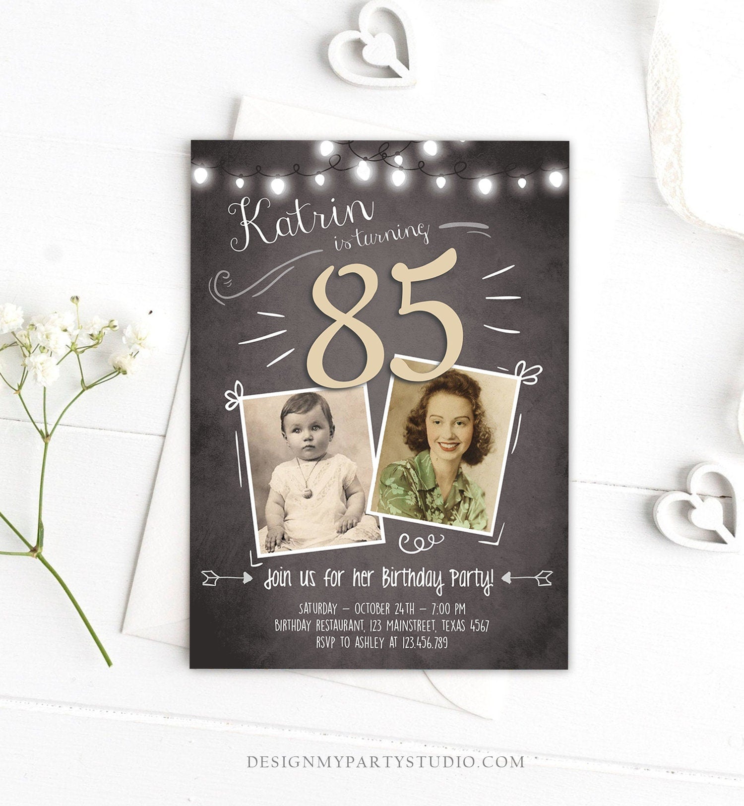 Editable 85th Birthday Invitation ANY AGE Chalkboard Rustic Adult Eighty Five Photo Vintage Fifth Jubilee Anniversary Corjl Template 0230