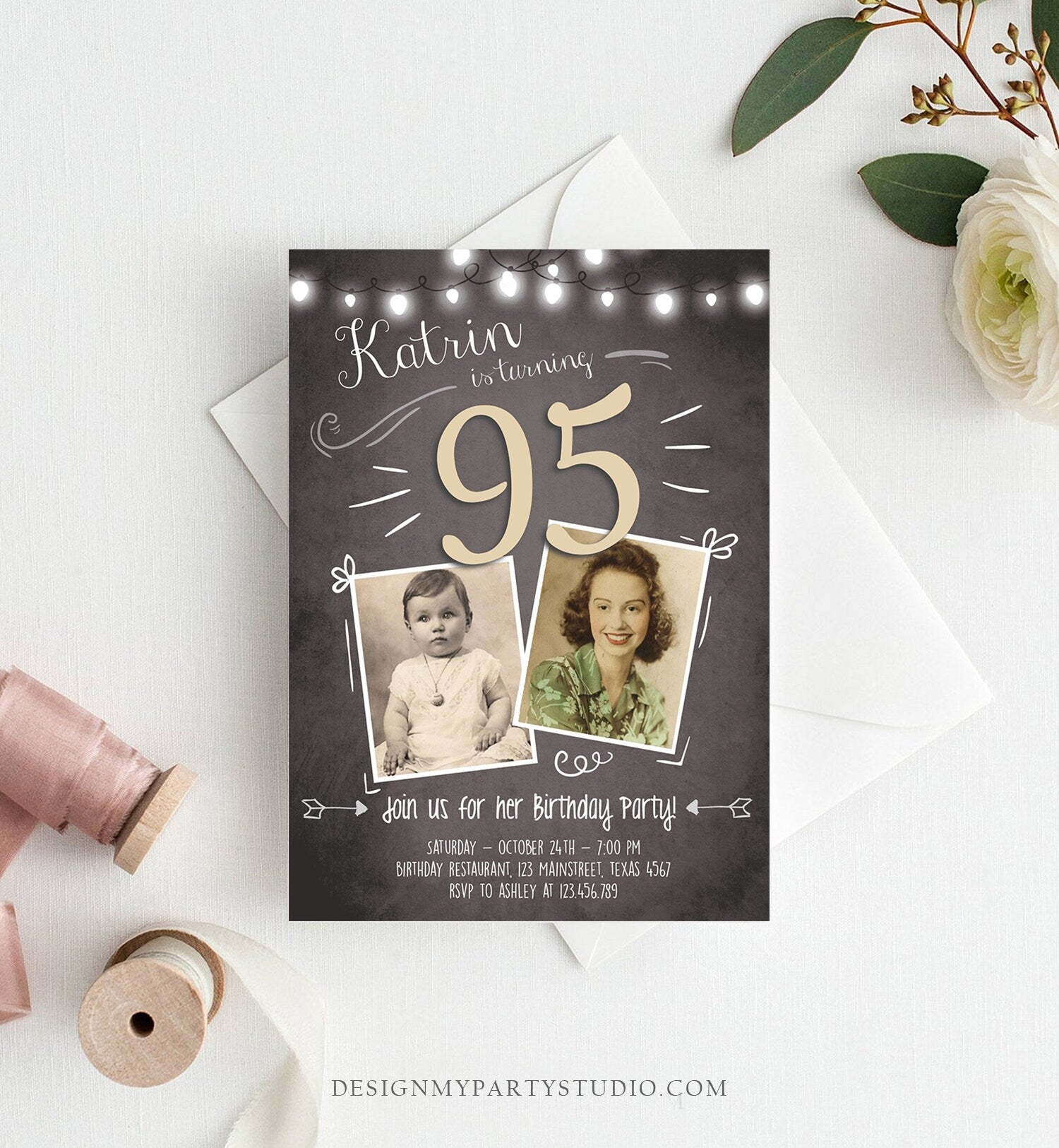 Editable 95th Birthday Invitation ANY AGE Chalkboard Rustic Adult Ninety Five Photo Vintage Fifth Jubilee Anniversary Corjl Template 0230