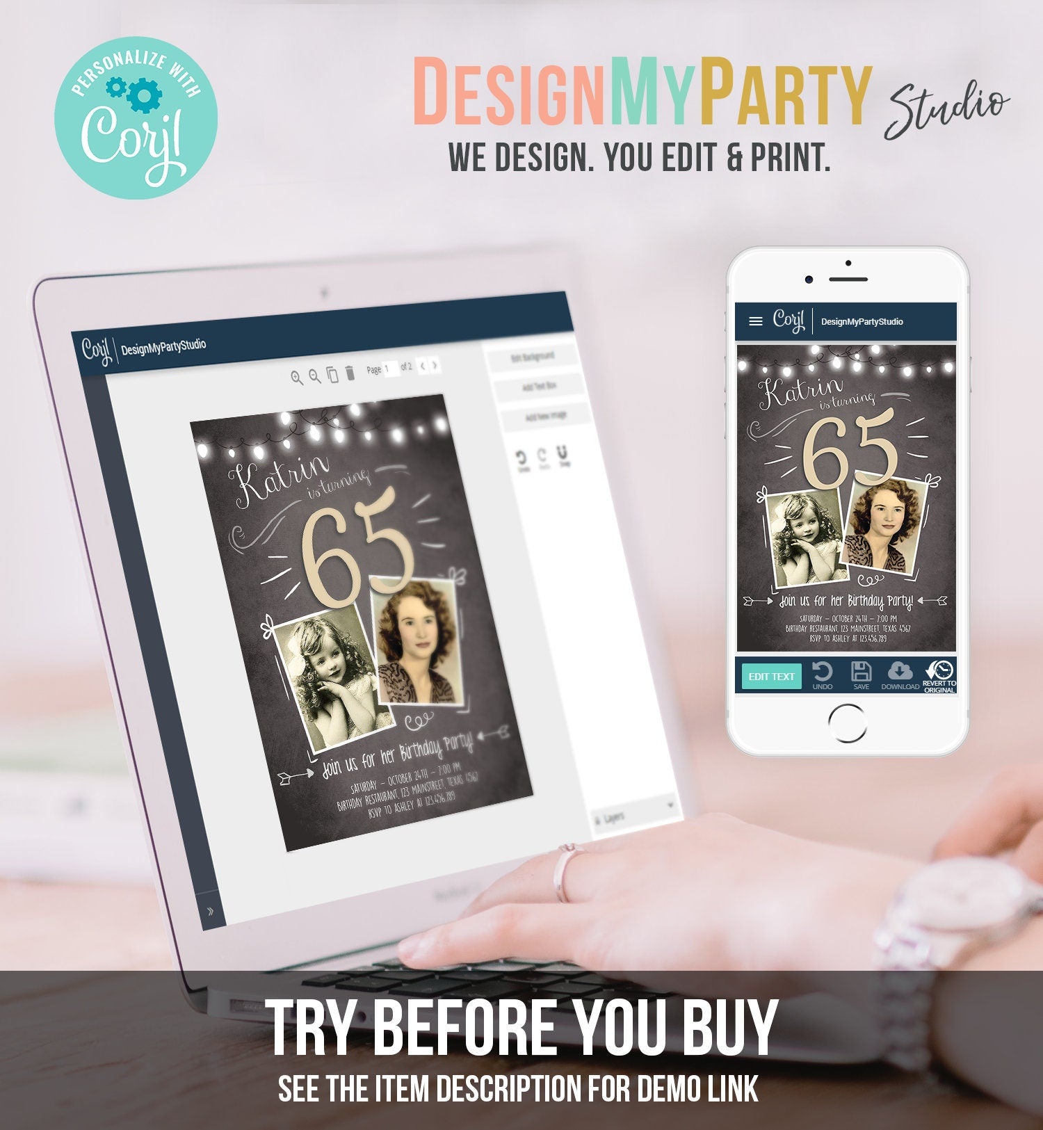 Editable 65th Birthday Invitation Rustic Adult Sixty Fifth Photo Vintage Sapphire Jubilee Anniversary Digital Evite Template Printable 0230