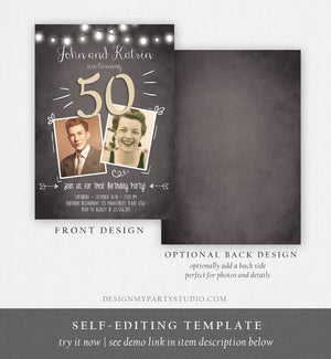 Editable 50th Joint Coed Birthday Invitation ANY AGE Chalkboard Rustic Adult Fifty Photo Vintage Jubilee Anniversary Corjl Template 0230