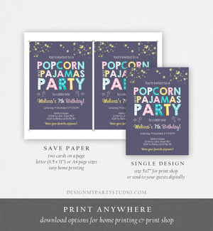 Editable Popcorn and Pajamas Birthday Invitation Movie Night Birthday Party Girl Pink Purple Green Stars Corjl Template Printable 0218