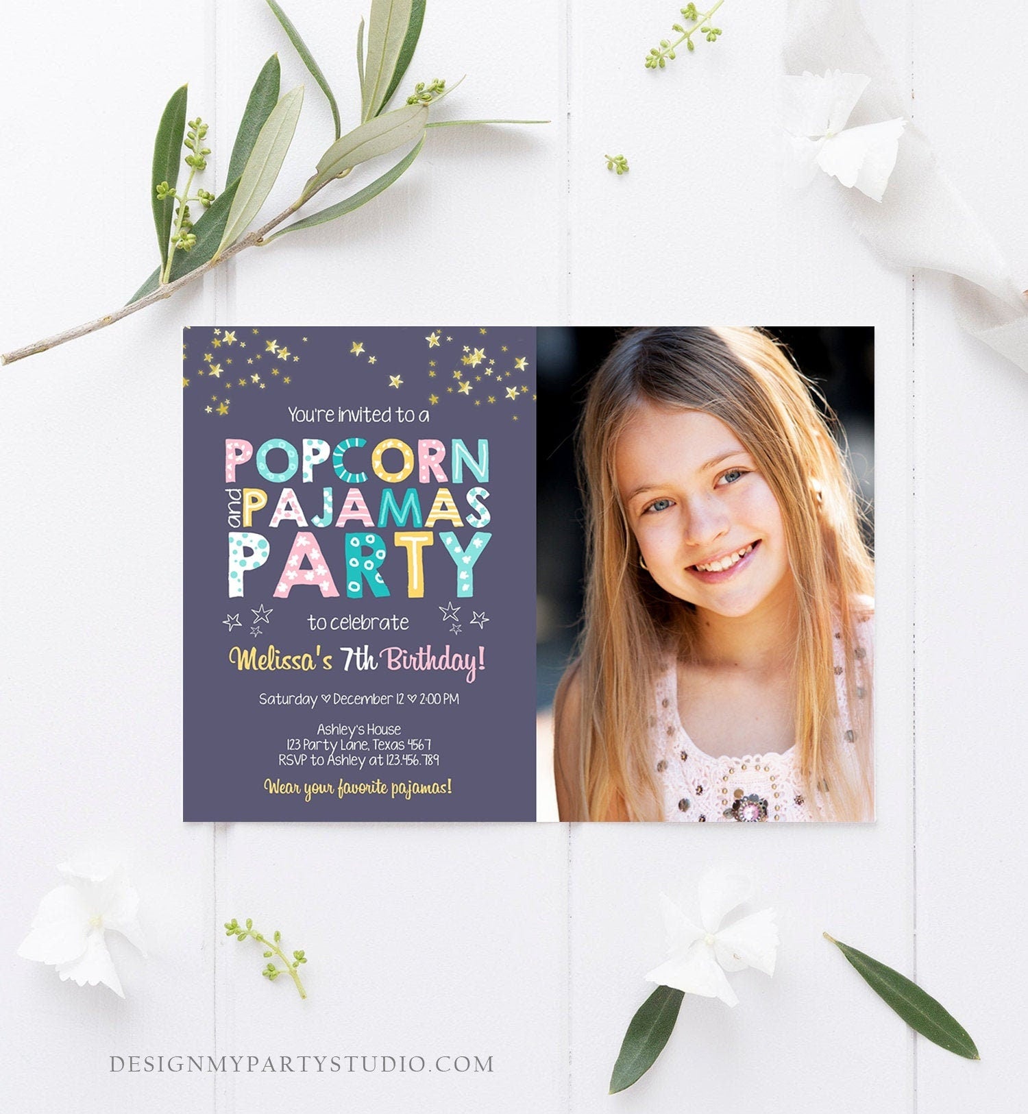 Editable Popcorn and Pajamas Birthday Invitation Movie Night Birthday Party Girl Pink Purple Green Stars Photo Corjl Template Printable 0218