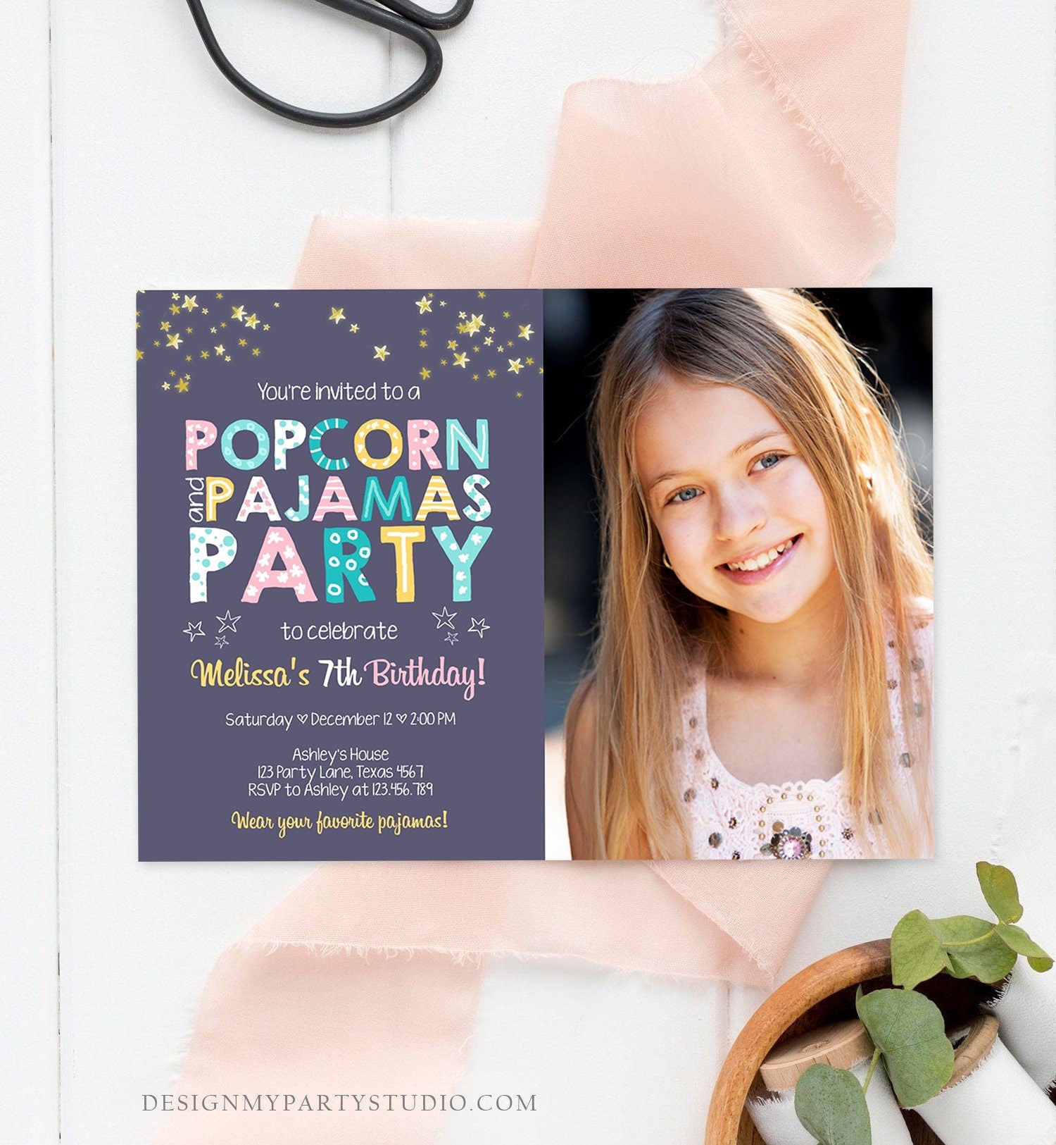 Editable Popcorn and Pajamas Birthday Invitation Movie Night Birthday Party Girl Pink Purple Green Stars Photo Corjl Template Printable 0218