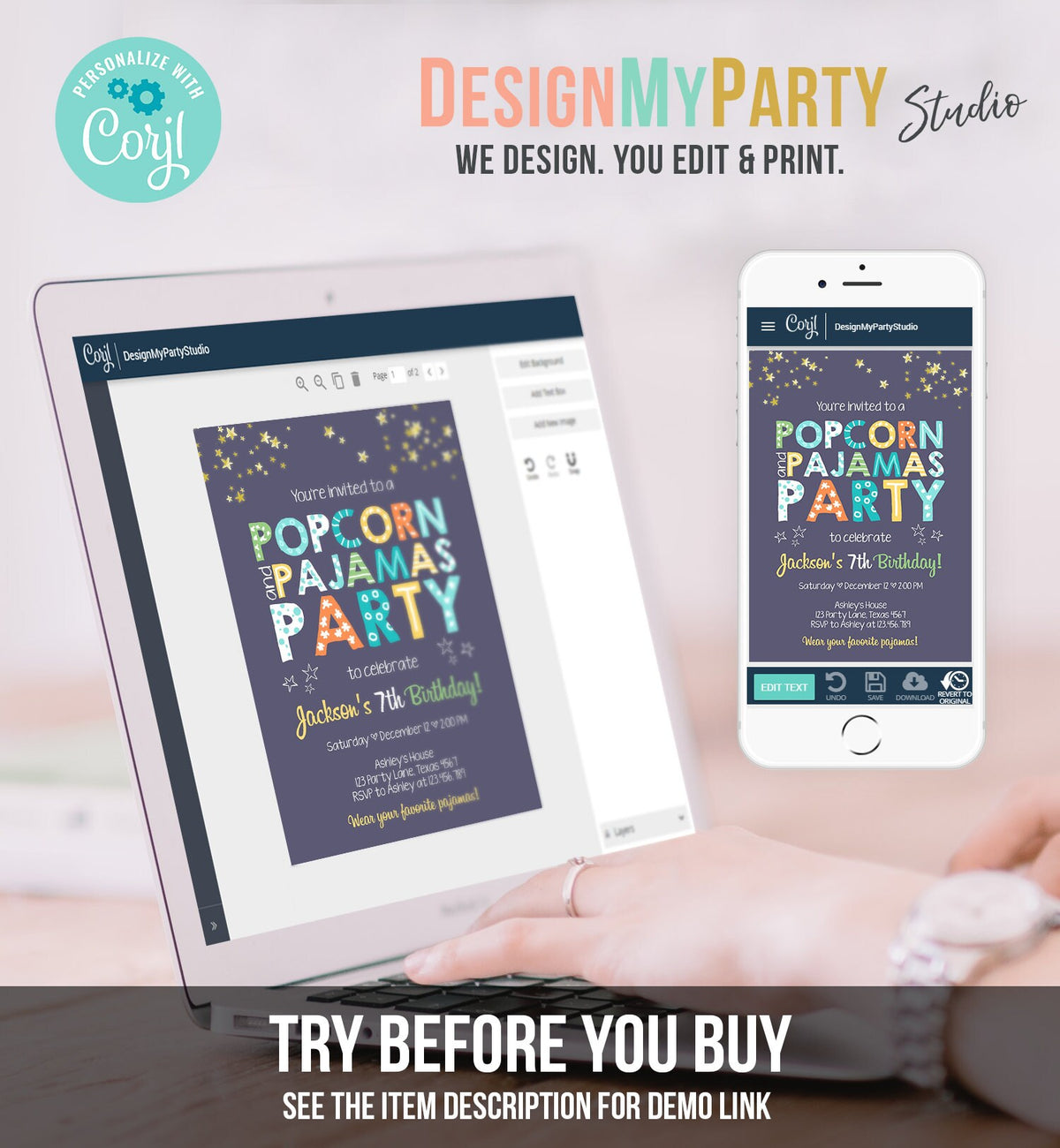 Editable Popcorn and Pajamas Birthday Invitation Movie Night Birthday Party Boy Blue Orange Green Stars Corjl Template Printable 0218