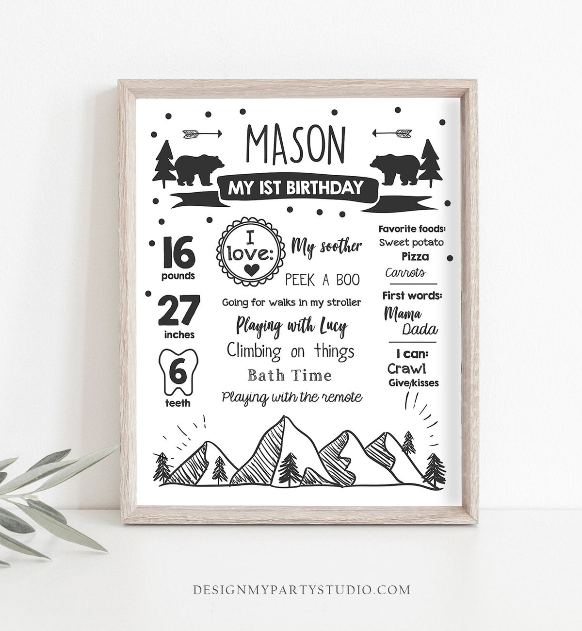 Editable Wild Adventure Birthday Milestones Sign Wild One First Birthday 1st Boy Onederful Wild Adventure Bear Corjl Template Printable 0083