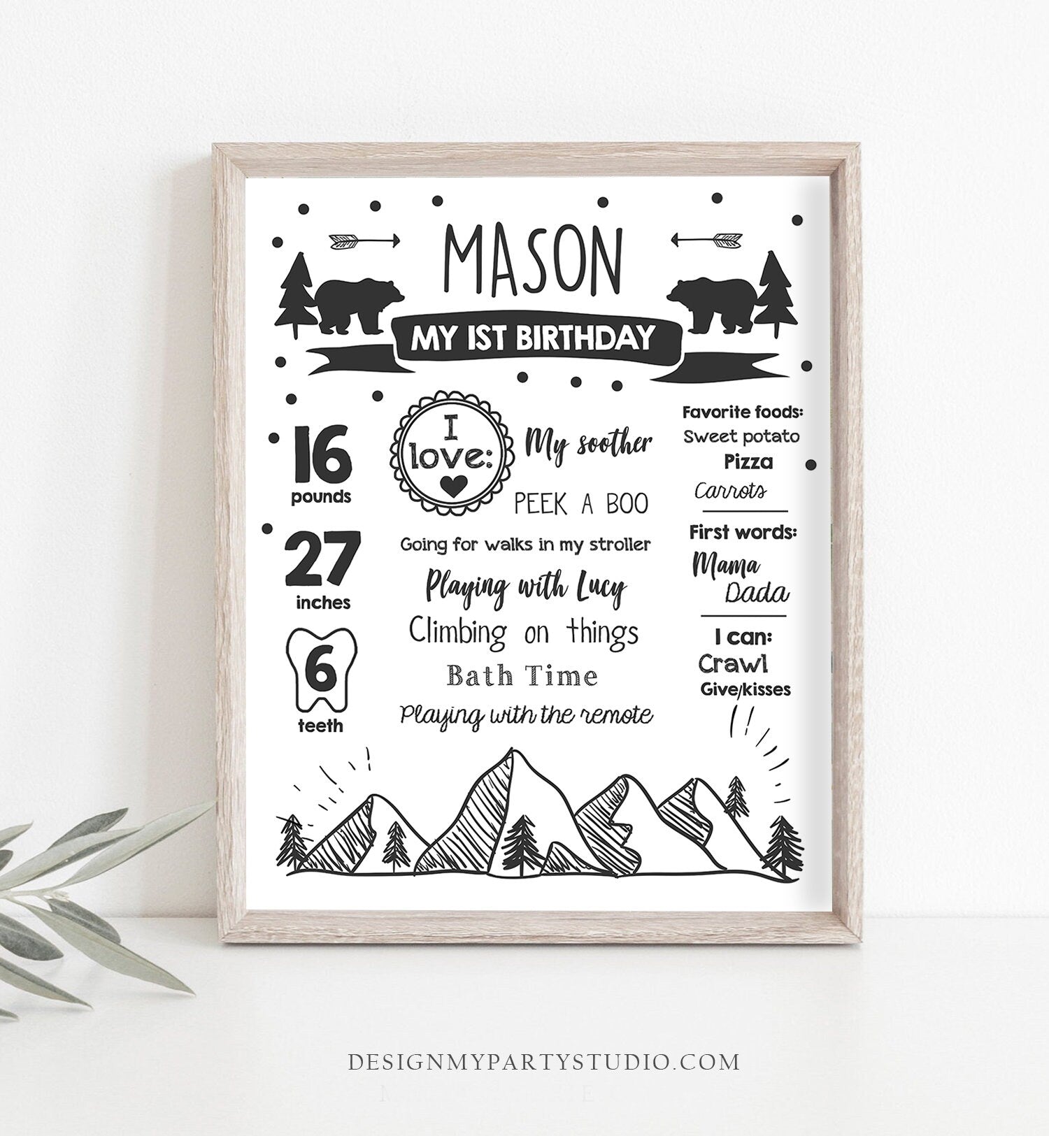 Editable Wild Adventure Birthday Milestones Sign Wild One First Birthday 1st Boy Onederful Wild Adventure Bear Corjl Template Printable 0083