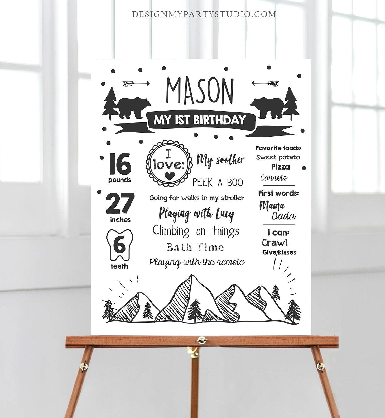 Editable Wild Adventure Birthday Milestones Sign Wild One First Birthday 1st Boy Onederful Wild Adventure Bear Corjl Template Printable 0083