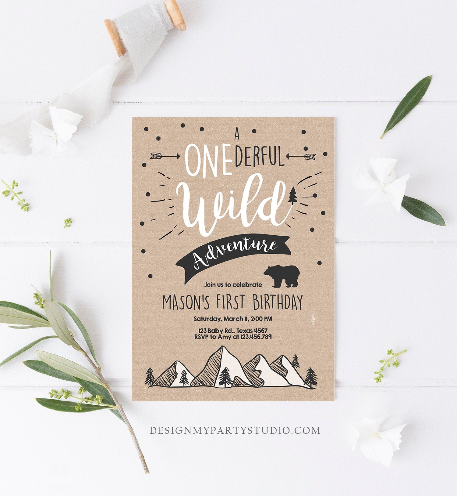 Editable A Onederful Wild Adventure First Birthday Invitation Brown Wild Things Boy Mountains Bear Outdoor Hunter Template Printable 0083