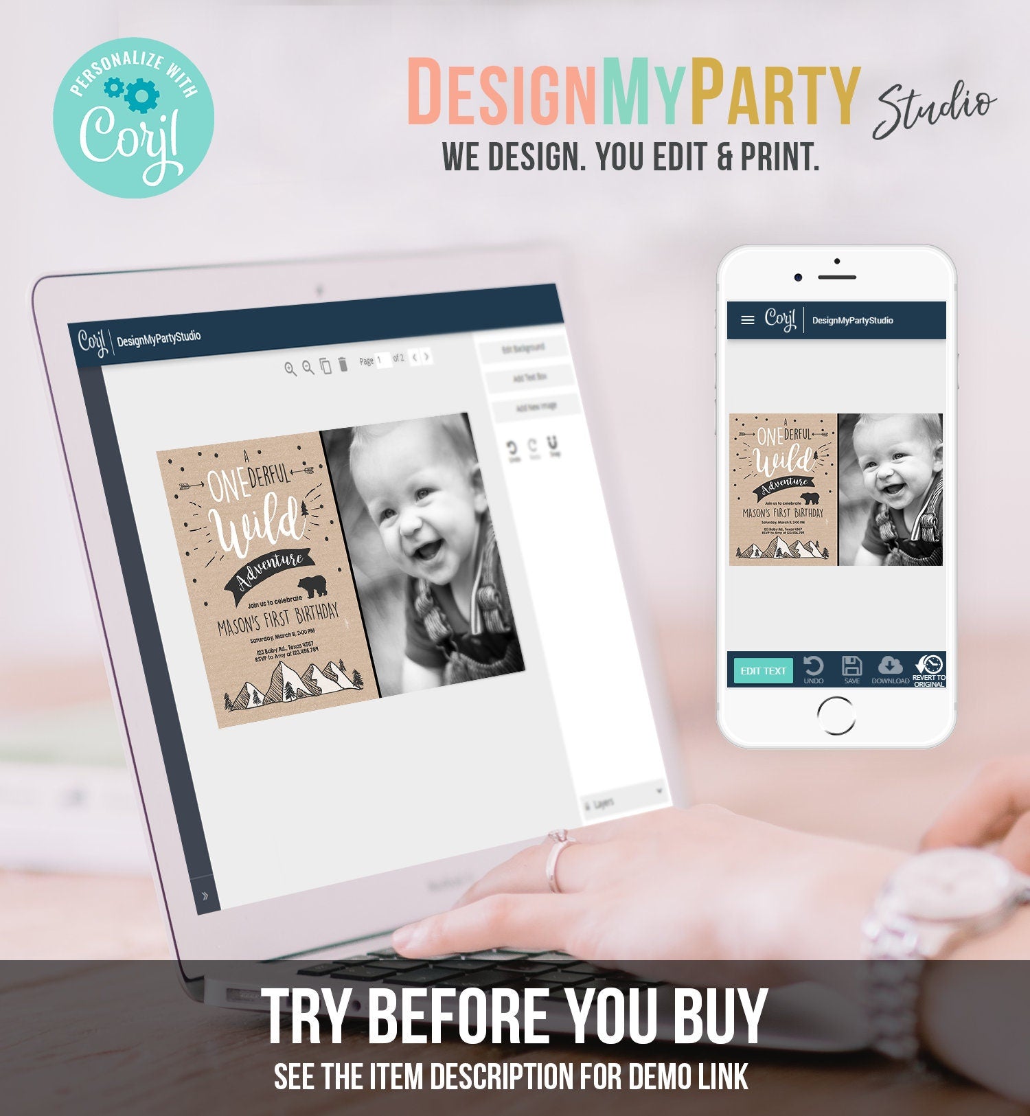 Editable A Onederful Wild Adventure First Birthday Invitation Wild Things Boy Mountains Bear Outdoor Paper Brown Photo Corjl Template 0083