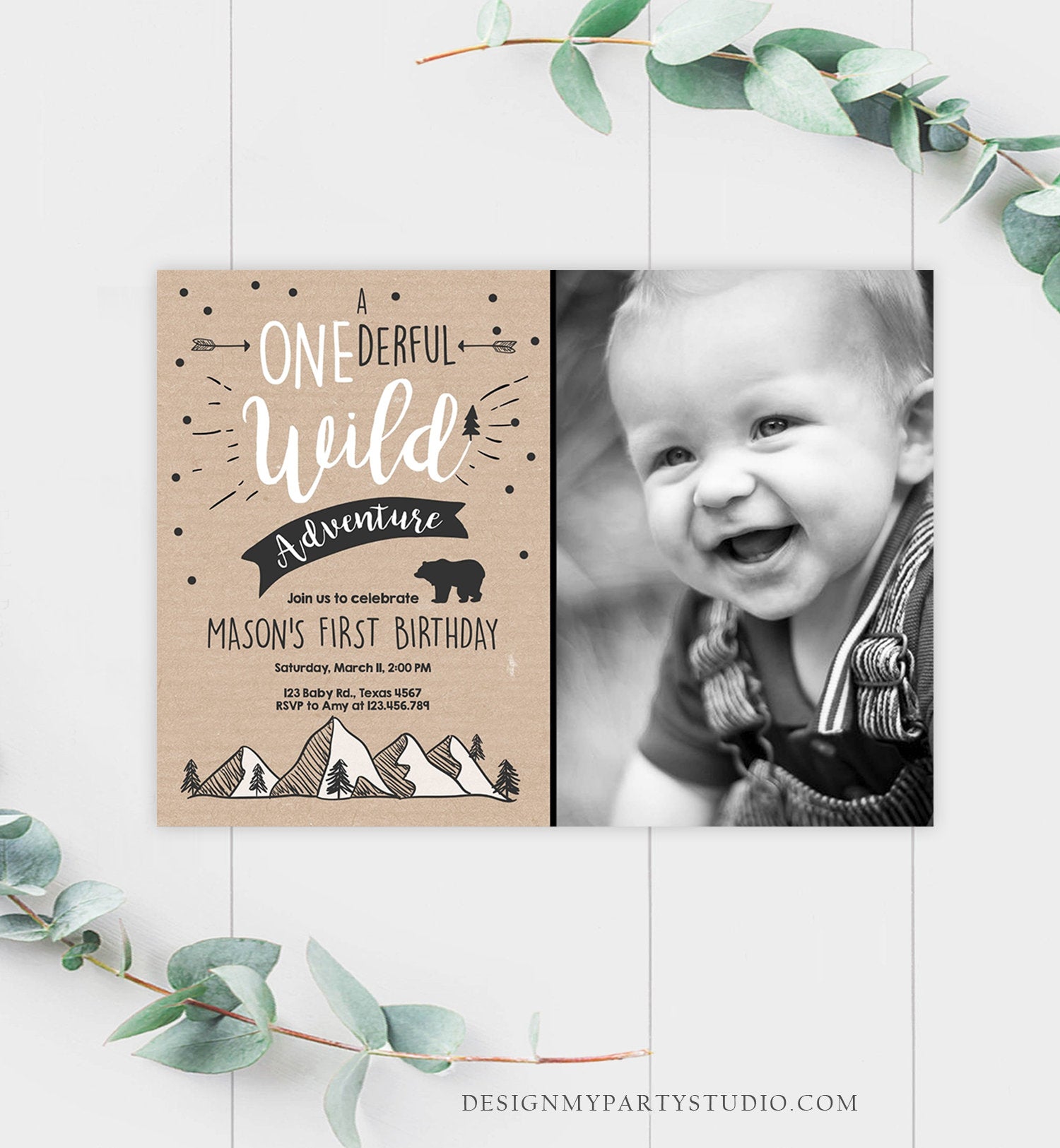 Editable A Onederful Wild Adventure First Birthday Invitation Wild Things Boy Mountains Bear Outdoor Paper Brown Photo Corjl Template 0083