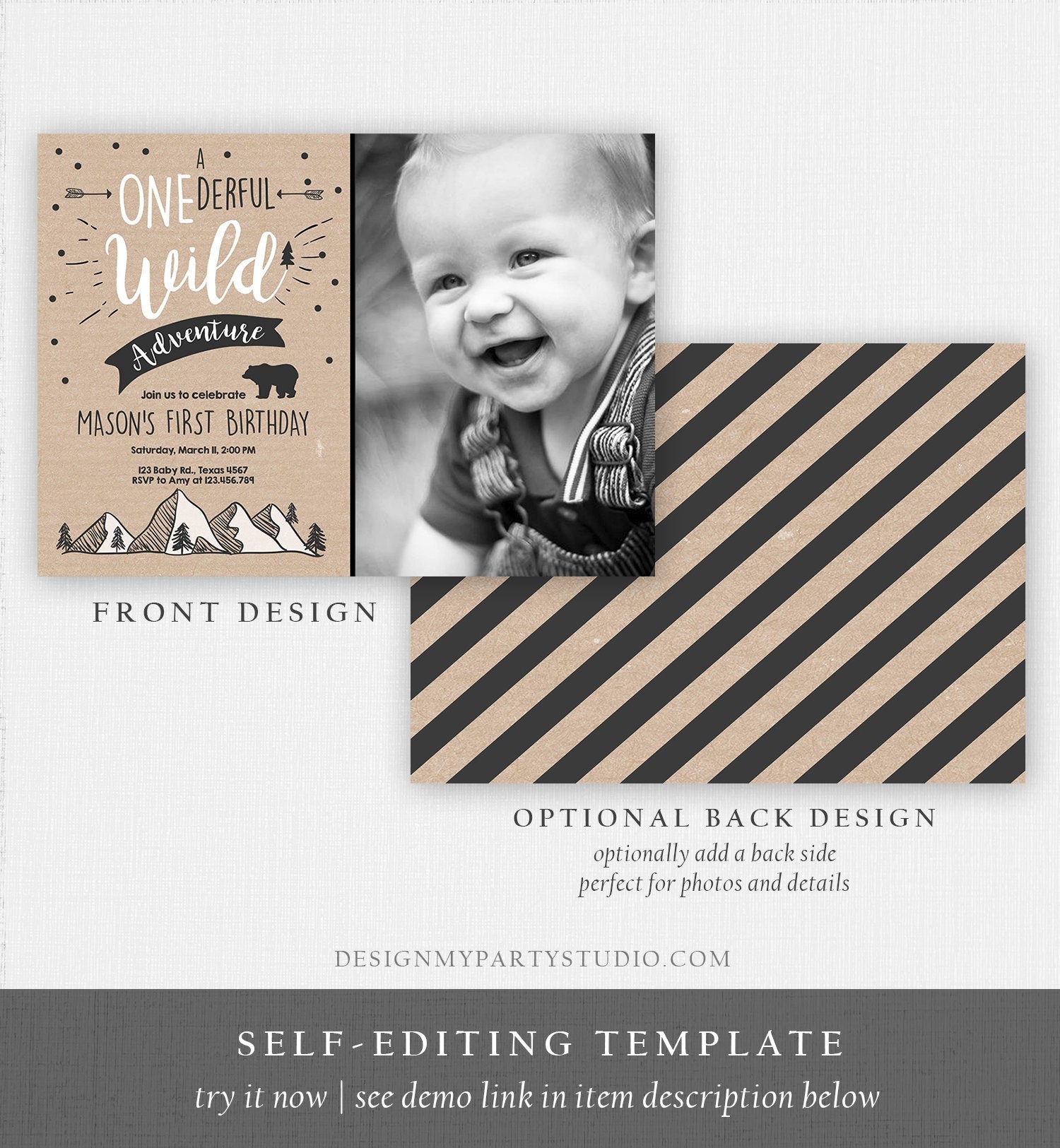 Editable A Onederful Wild Adventure First Birthday Invitation Wild Things Boy Mountains Bear Outdoor Paper Brown Photo Corjl Template 0083