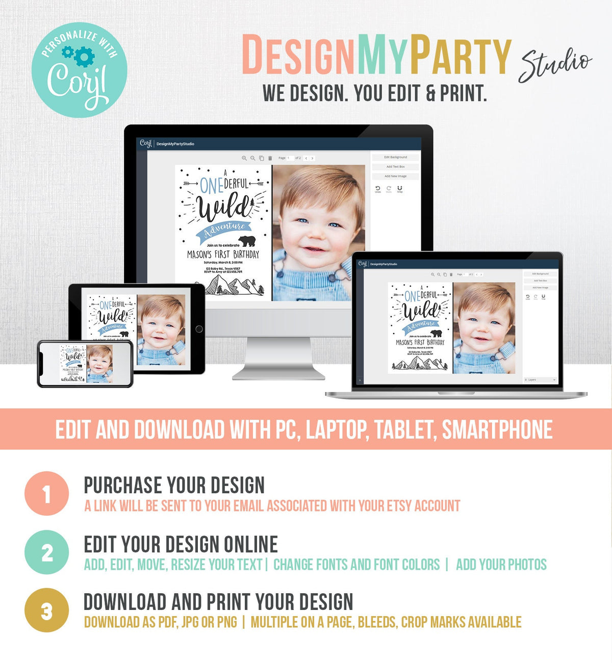 Editable A Onederful Wild Adventure First Birthday Invitation Wild Things Boy Bear Outdoor 1st Blue Photo Digital Template Printable 0083