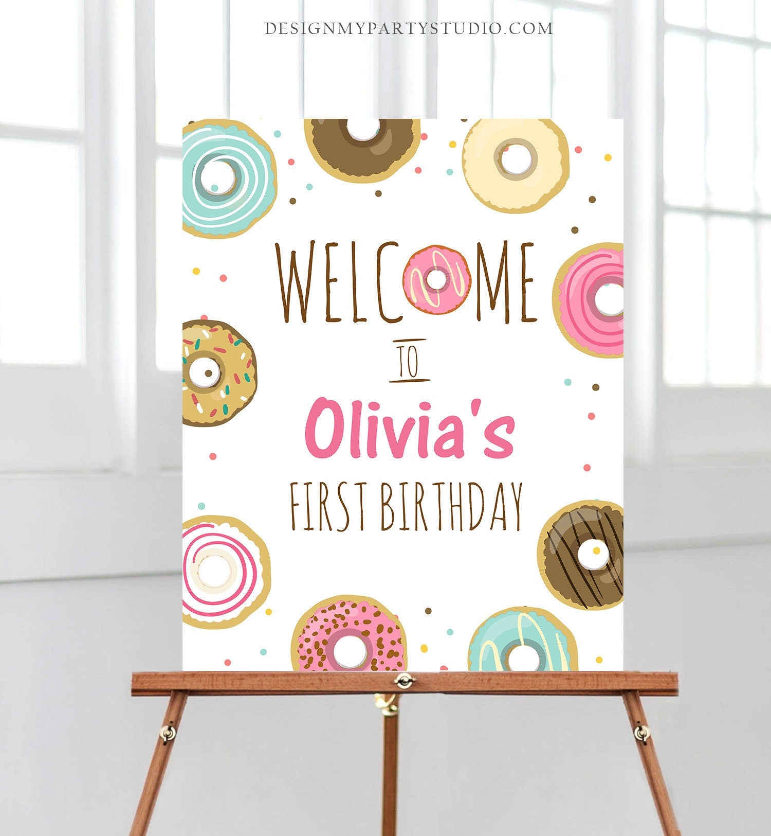 Editable Donut Welcome Sign Donut Birthday Party Pink Girl Doughnut Baby Shower Sprinkle Table Sign Download Corjl Template Printable 0050