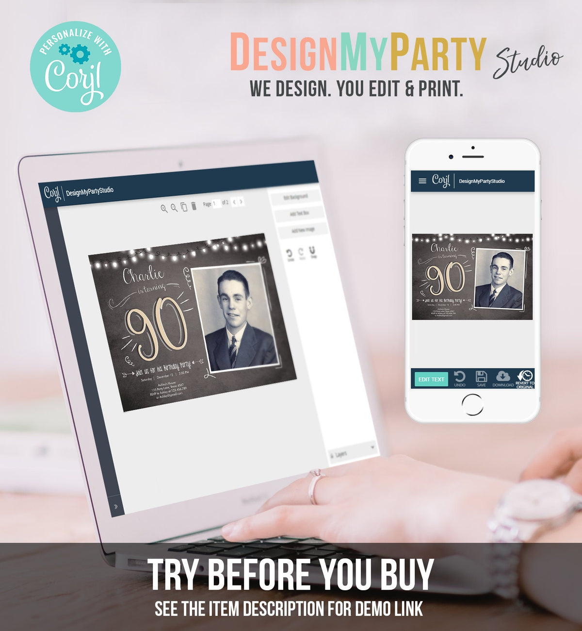 Editable 90th Birthday Invitation Chalkboard Rustic Adult Birthday Invitation Ninety Download Printable Invitation Template Corjl 0230