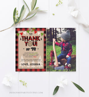 Editable Lumberjack Thank You Card Birthday Rustic Woodland Birthday Bear Forest Buffalo Plaid Winter Download Printable Template Corjl 0026