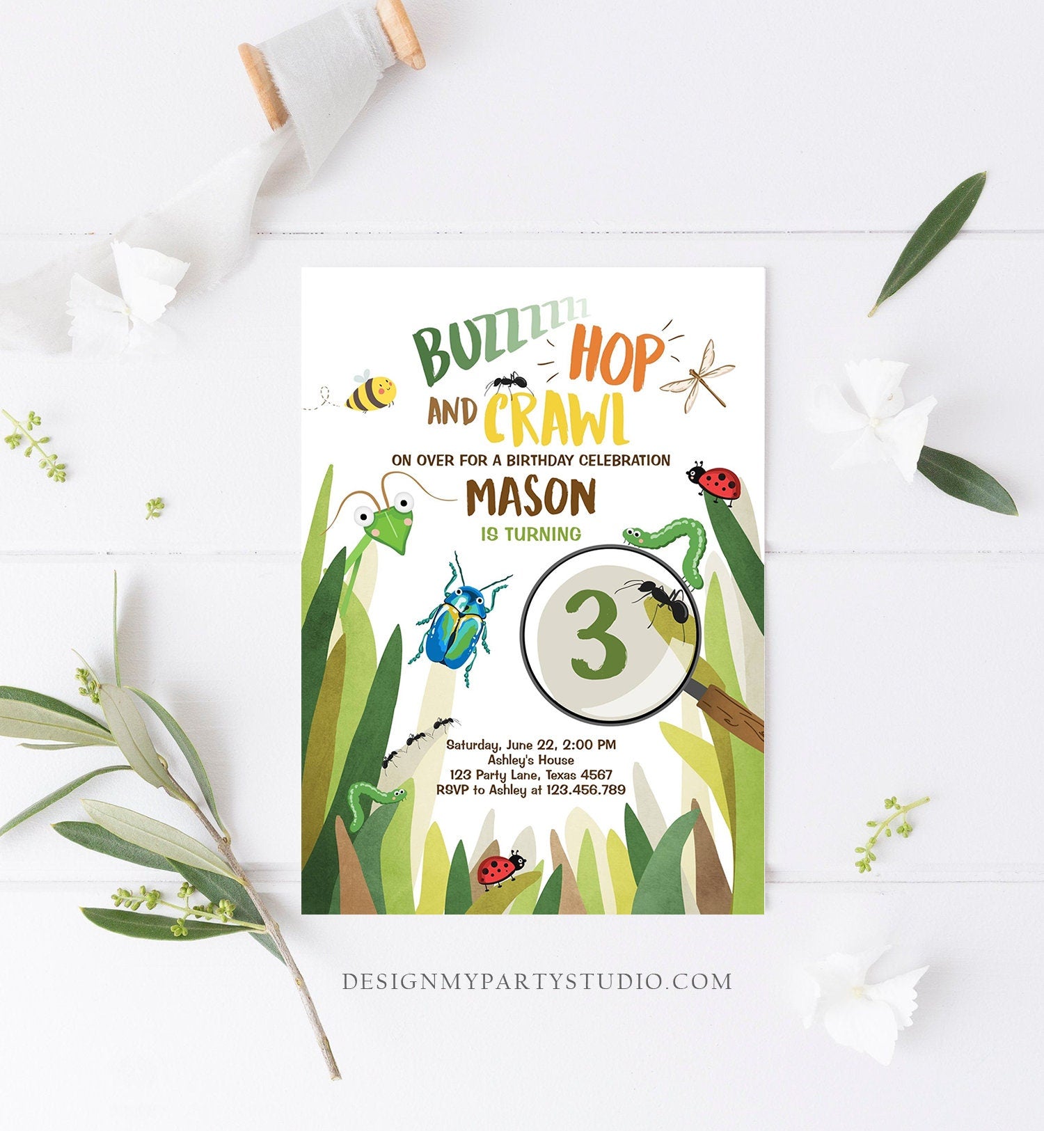 Editable Bug Birthday Invitation Insect Party Bugging Outdoor Backyard Bug Hunt Bugs Boy Digital Download Corjl Template Printable 0090