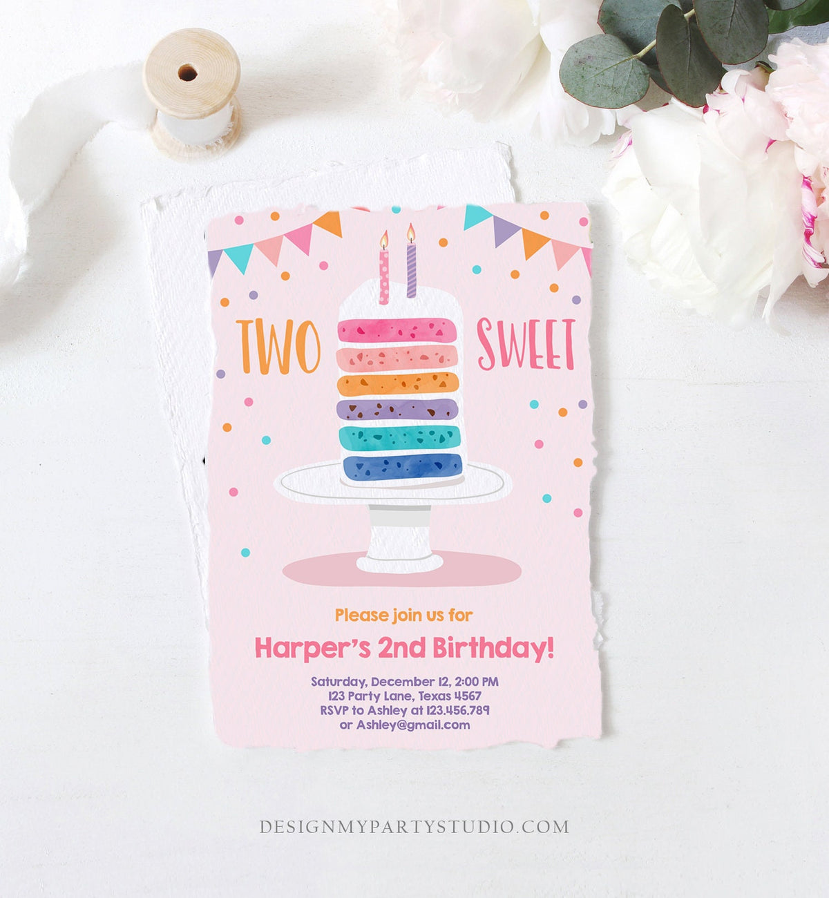 Editable Two Sweet Birthday Invitation Girl Rainbow Cake Invite Girls 2nd Birthday Pink Download Printable Invitation Template Corjl 0121