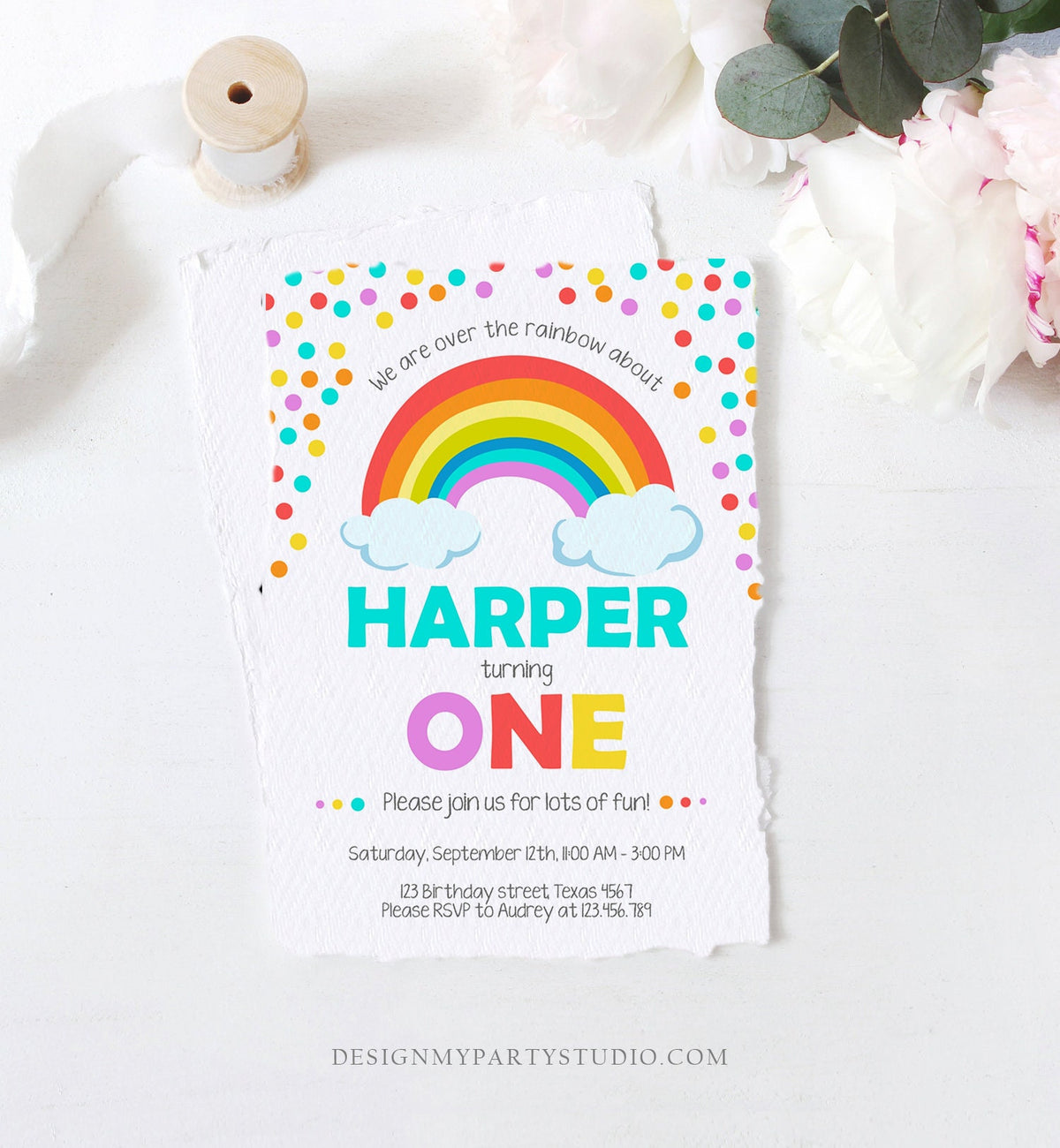 Editable Rainbow Birthday Invitation Kids Girl Boy Neutral Party Clouds Colorful Rainbow Colors Printable Corjl Template Digital 0106