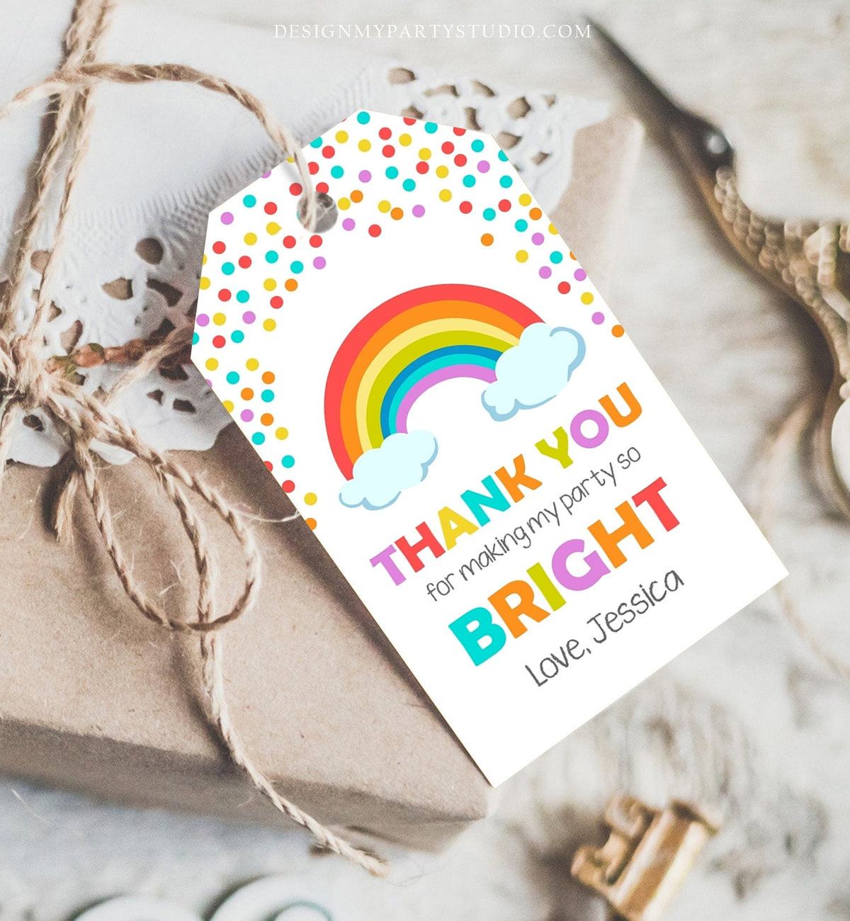 Editable Rainbow Favor Tags Rainbow Birthday Thank you tags Colorful Birthday Gift tags Rainbow Confetti Template PRINTABLE Corjl 0106